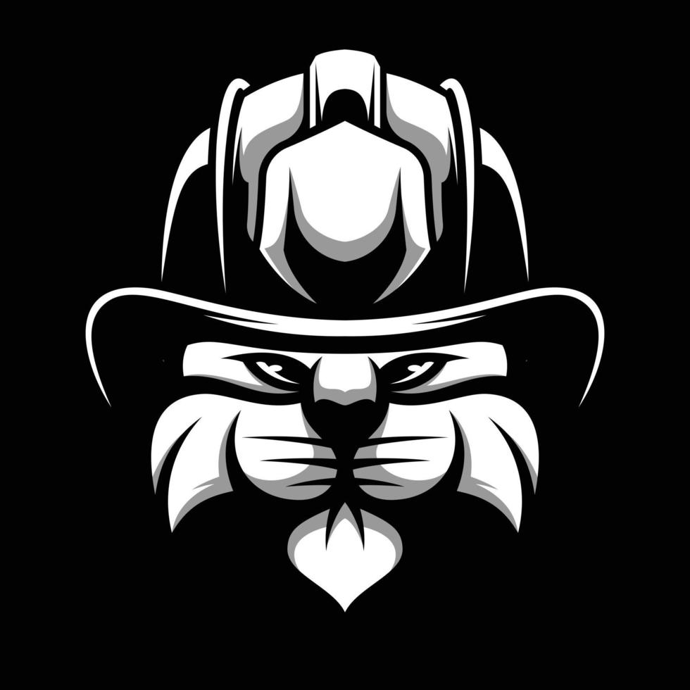 Cat Firefighter Black and White Mascot Design vector