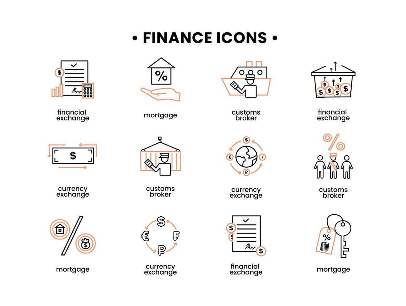 Finance icons set. Vector illustration of customs broker, mortgage, financial exchange, currency exchange icons