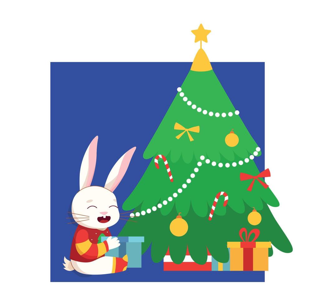 A rabbit decorates a New Year tree. Christmas Bunny. Vector illustration