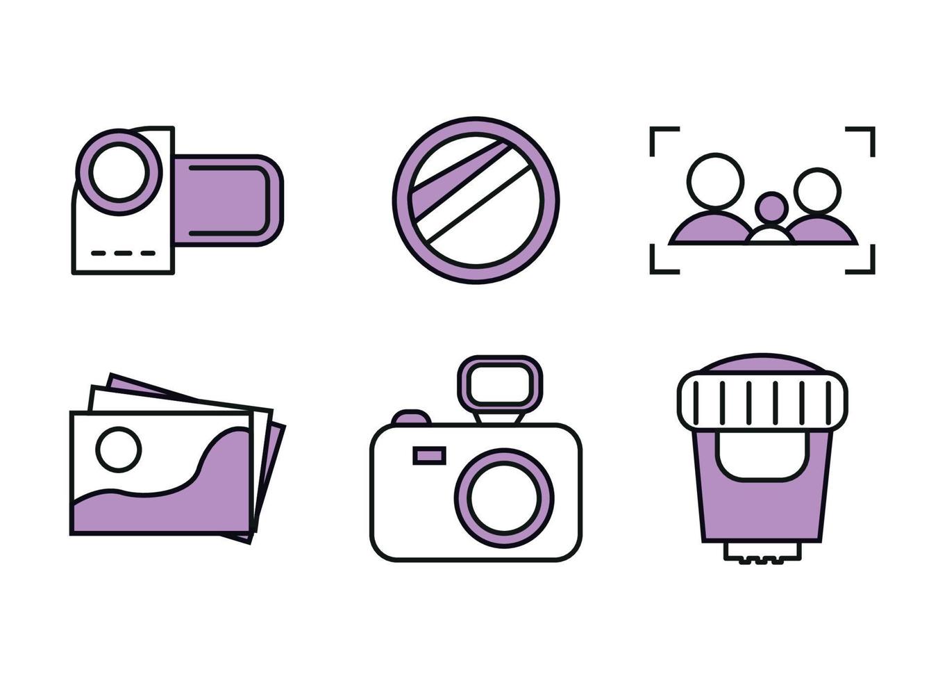 Photography icons. Set of colored icons for the photographer. Icons camera, camcorder, lens, lens, photograph, focus with silhouettes, with purple color vector