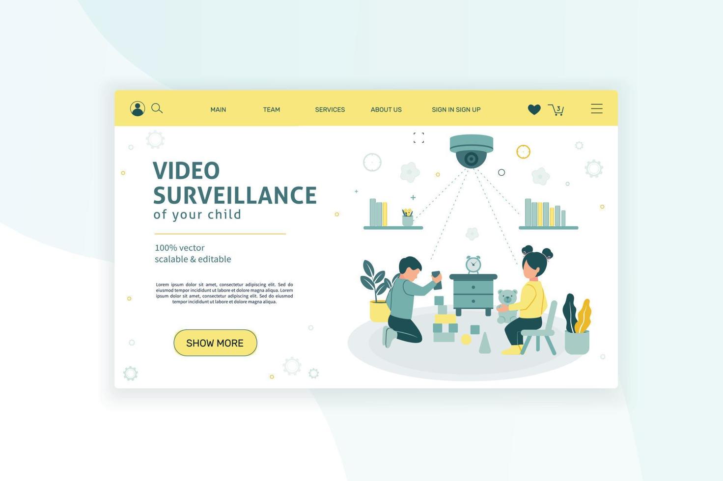 Web banner. CCTV. Remote access. A boy and a girl are playing with toys in the room under video surveillance. vector