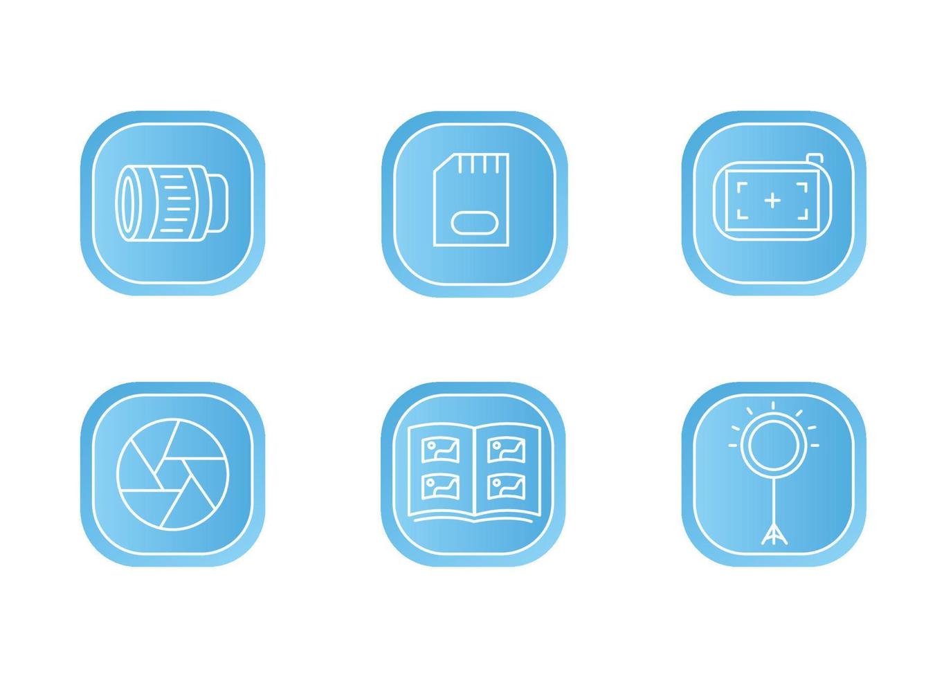 Photographer icon set on blue background. Photographer equipment icons. Objective, photos, focusing, shutter, photo album, ring lamp vector