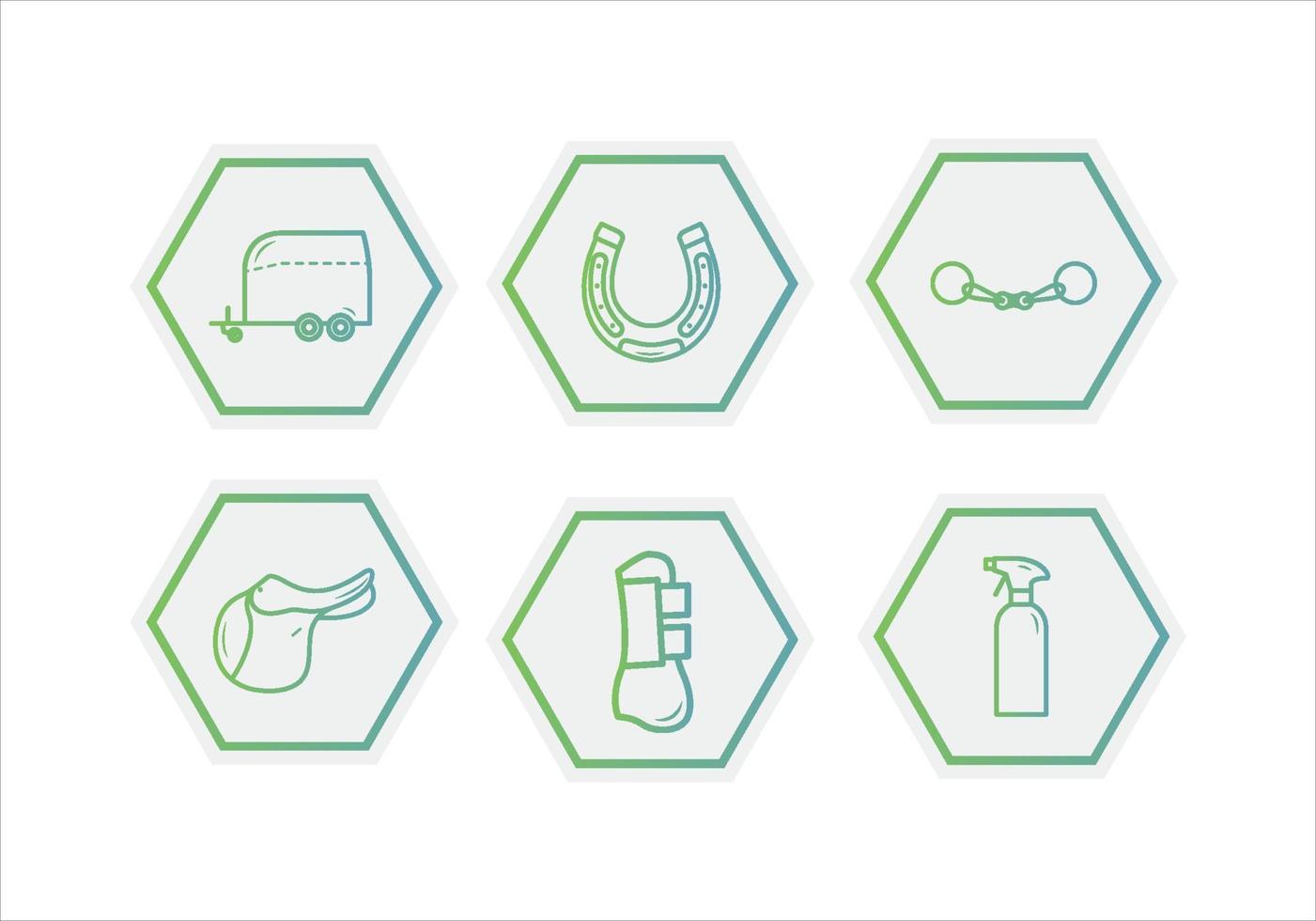 Horse equipment icons. Horse equipment icons. Horse care tools icons set. Trailer horse carrier, horseshoe, fishing rod, saddle, leg, cleaning product vector