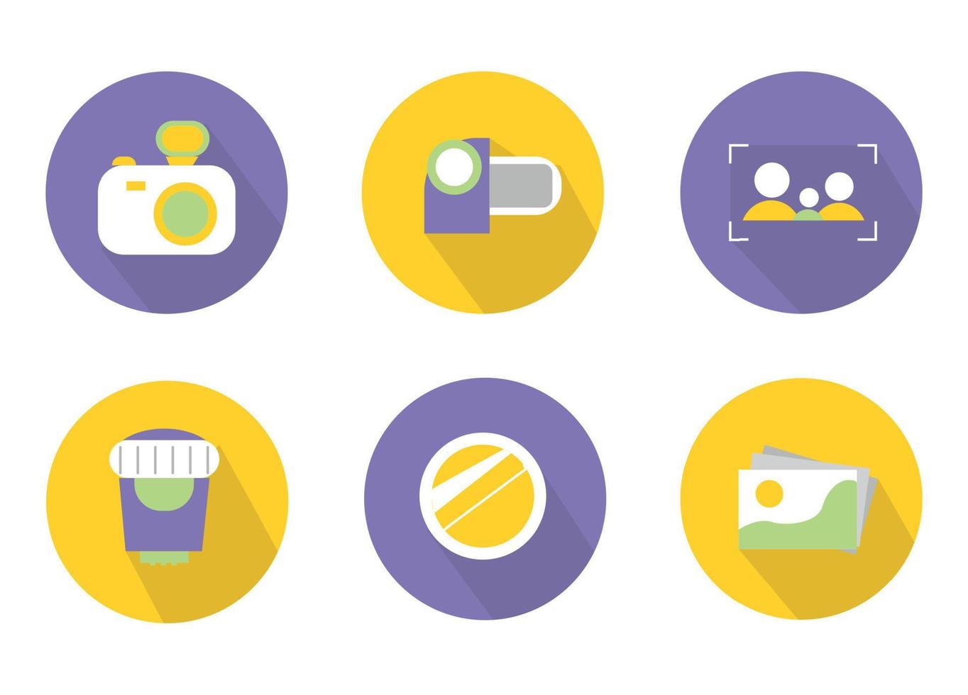 Photography icons. Icon set for the photographer on a colored background. Icons camera, camcorder, lens, lens, photograph, focus with silhouettes, colored, on a yellow and purple background vector