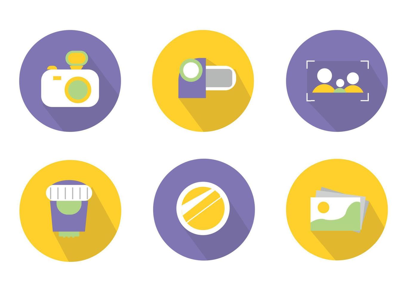 Photography icons. Icon set for the photographer on a colored background. Icons camera, camcorder, lens, lens, photograph, focus with silhouettes, colored, on a yellow and purple background vector