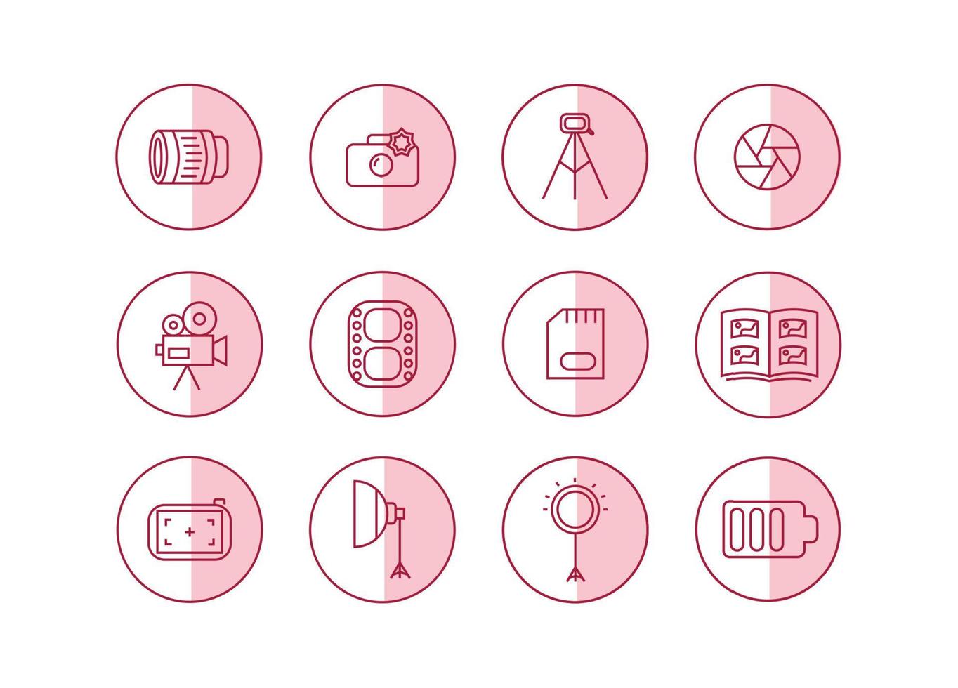 Photographer icon set. Photographer equipment icons. Photography, woking, lens, camera, memory card, photo album, tripod, shutter, camcorder, softbox, film, ring lamp vector