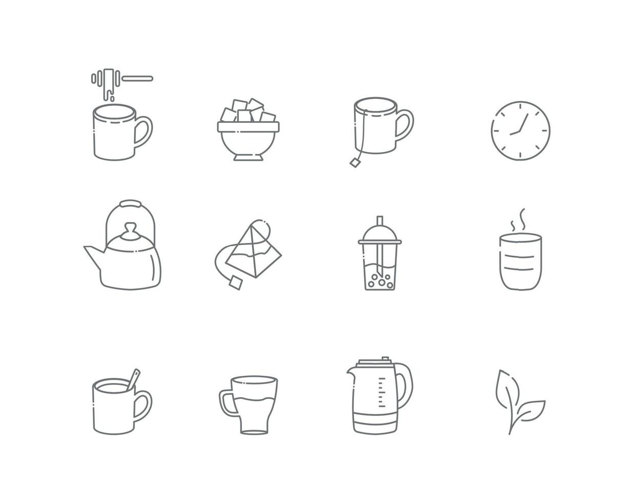 Tea linear icons. Everything for tea drinking. Vector