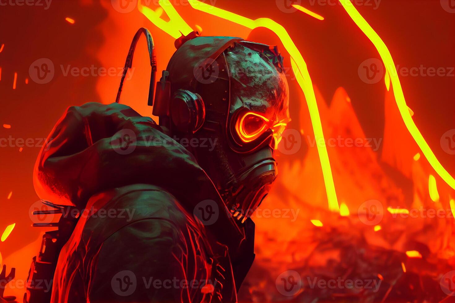 fantasy character in biochemical face mask and glow glasses radiation chemical apocalypse art illustration photo