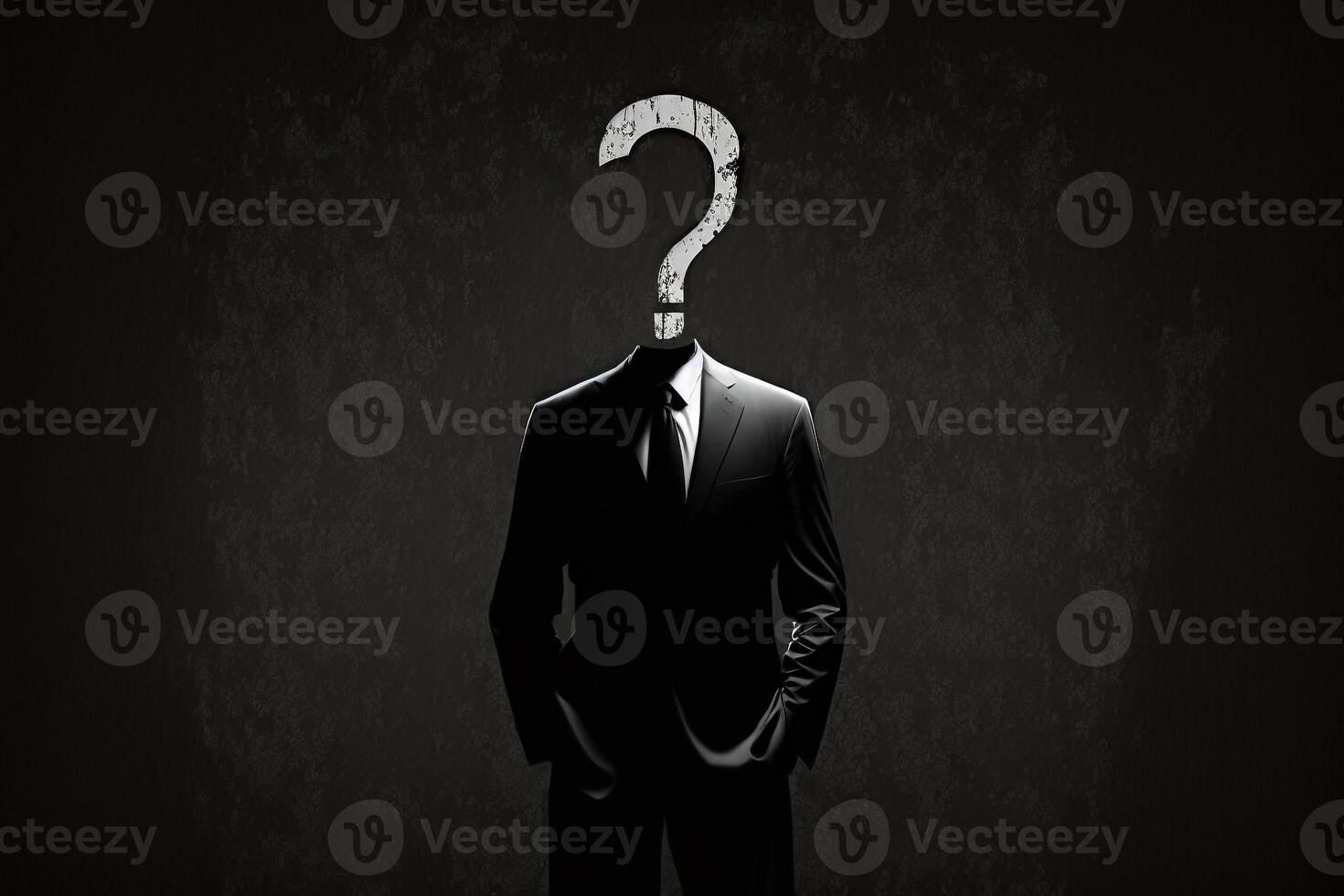 a man in a black suit with a question mark instead of a head, businessman search answer photo