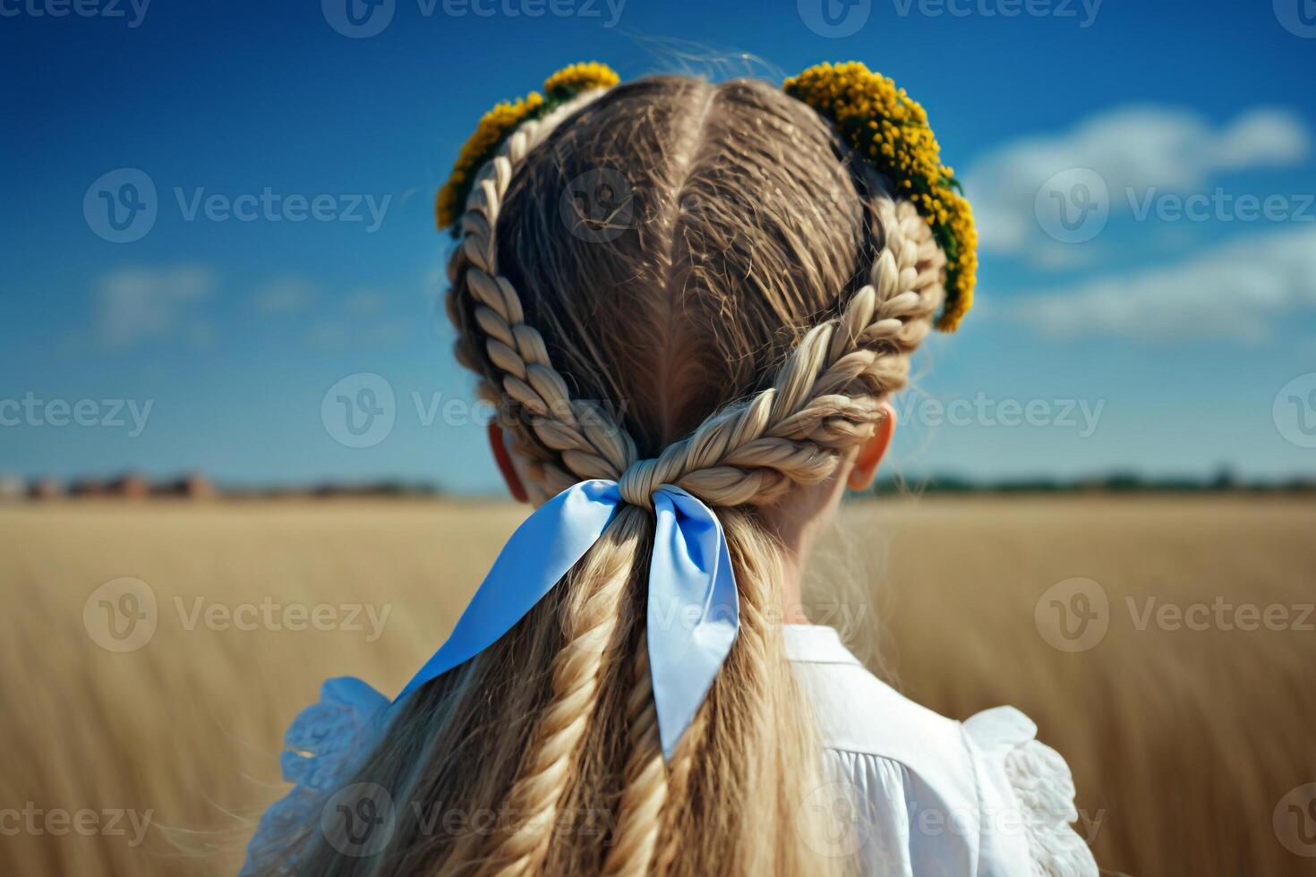 pequeño niña con un trenzado trenza de azul amarillo cintas un símbolo de Ucrania generativo ai foto