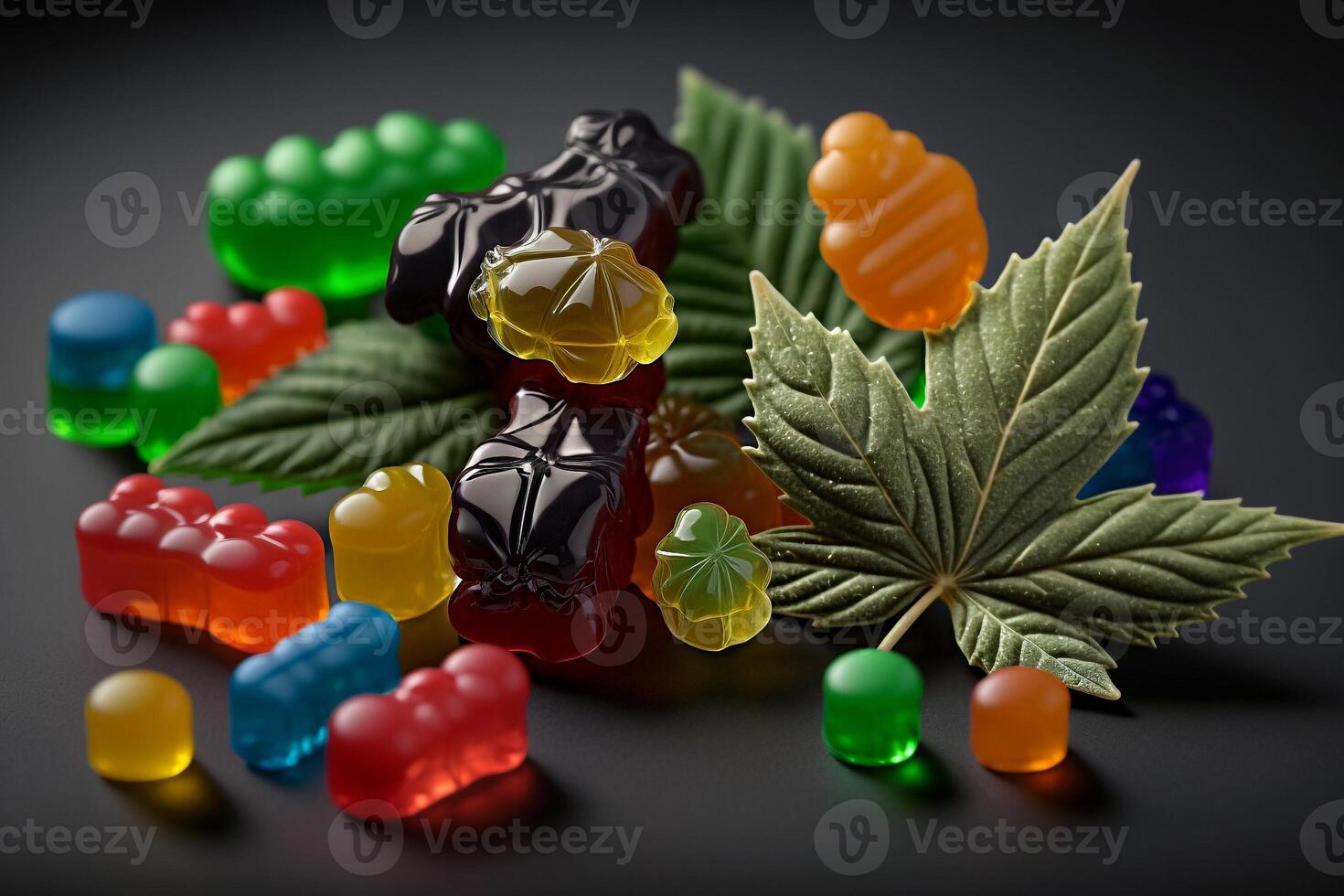 jelly candies and green cannabis leaf photo