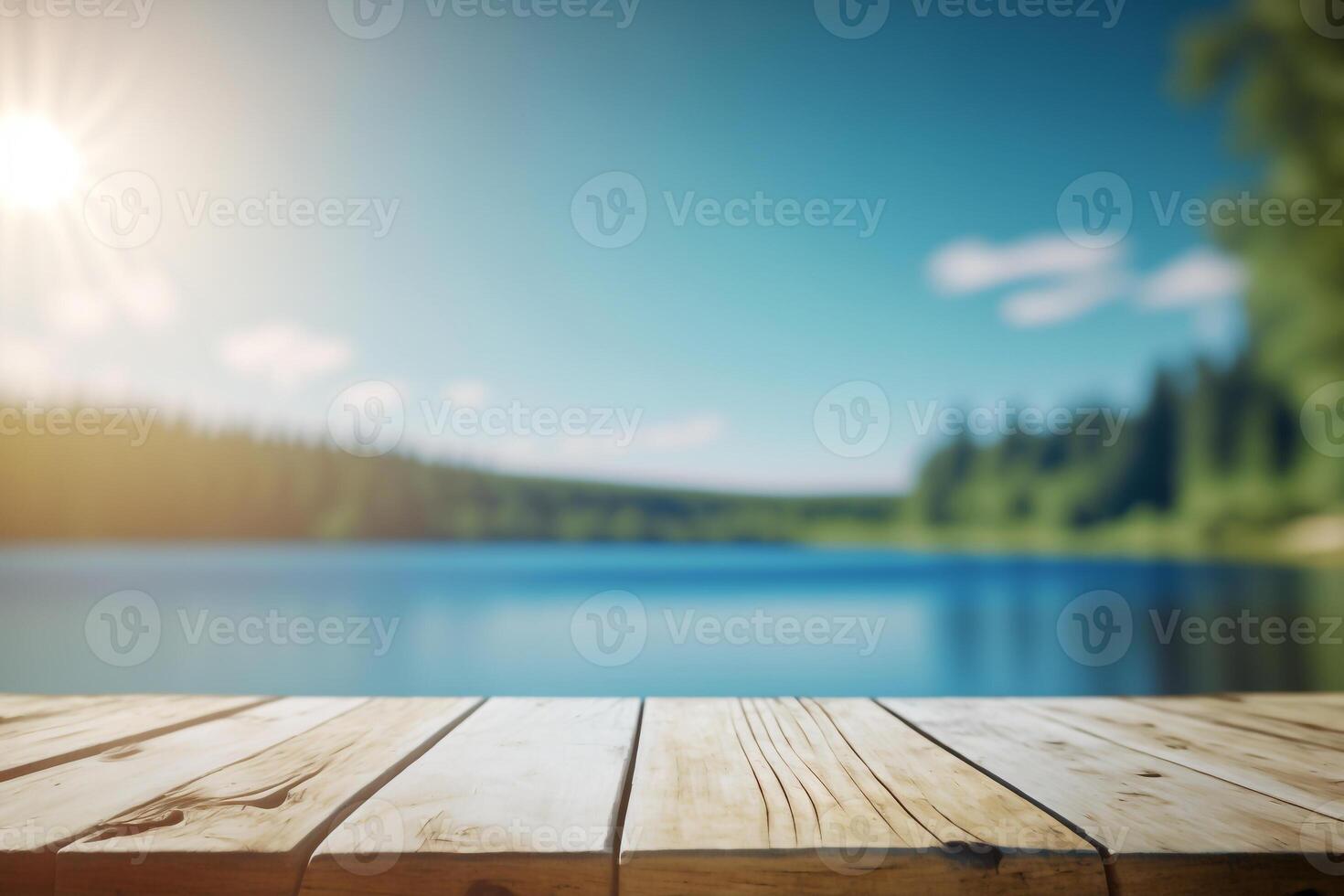 empty display wooden table and forest lake background empty copy space . photo