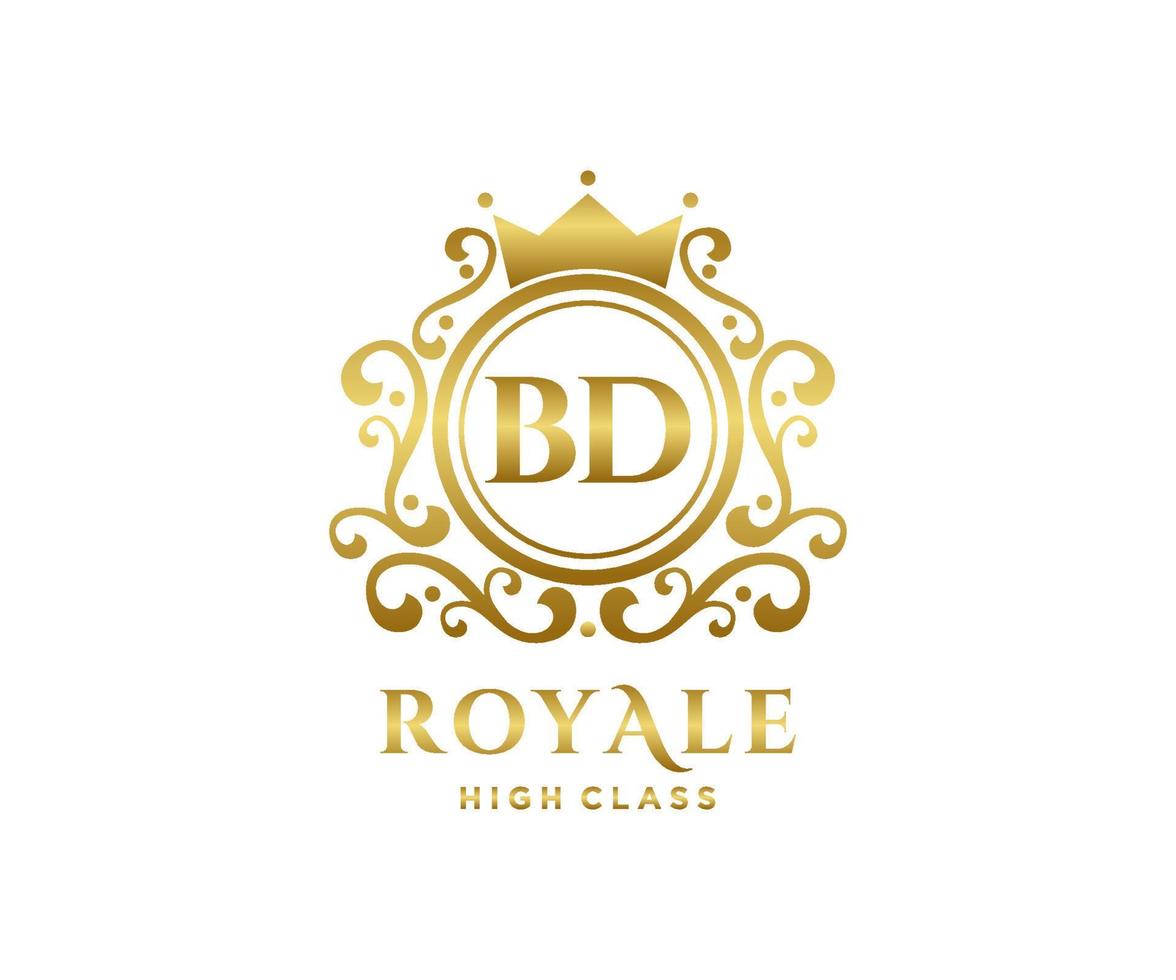 Golden Letter BD template logo Luxury gold letter with crown. Monogram alphabet . Beautiful royal initials letter. vector