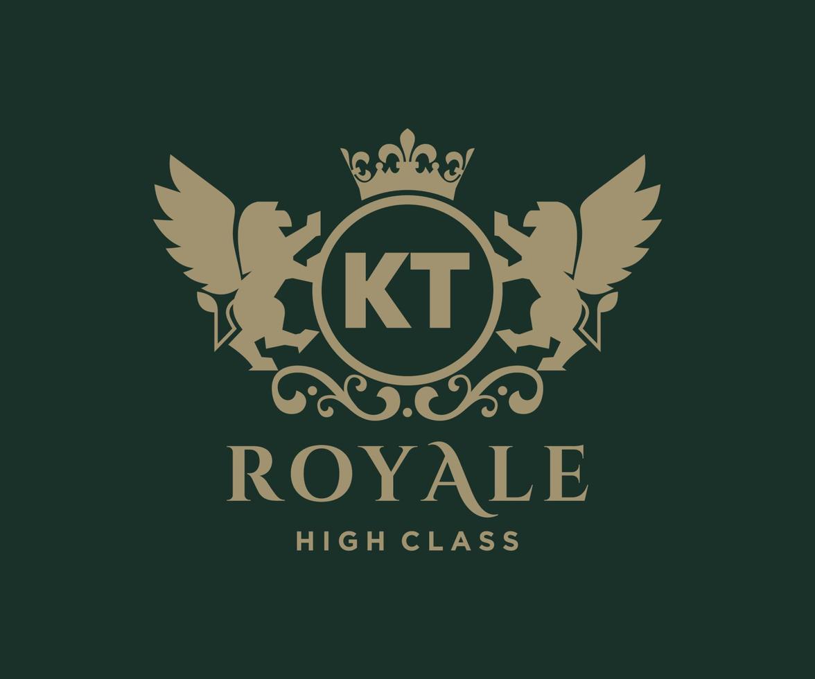 Golden Letter KT template logo Luxury gold letter with crown. Monogram alphabet . Beautiful royal initials letter. vector