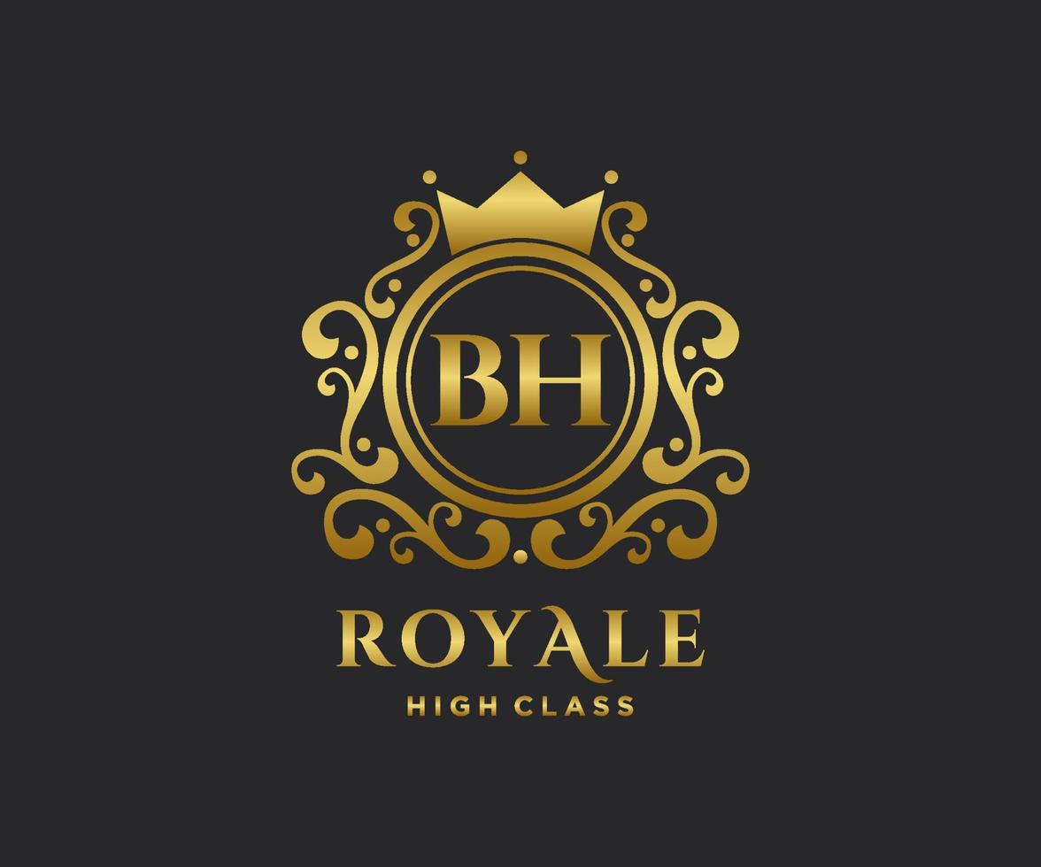 Golden Letter BH template logo Luxury gold letter with crown. Monogram alphabet . Beautiful royal initials letter. vector