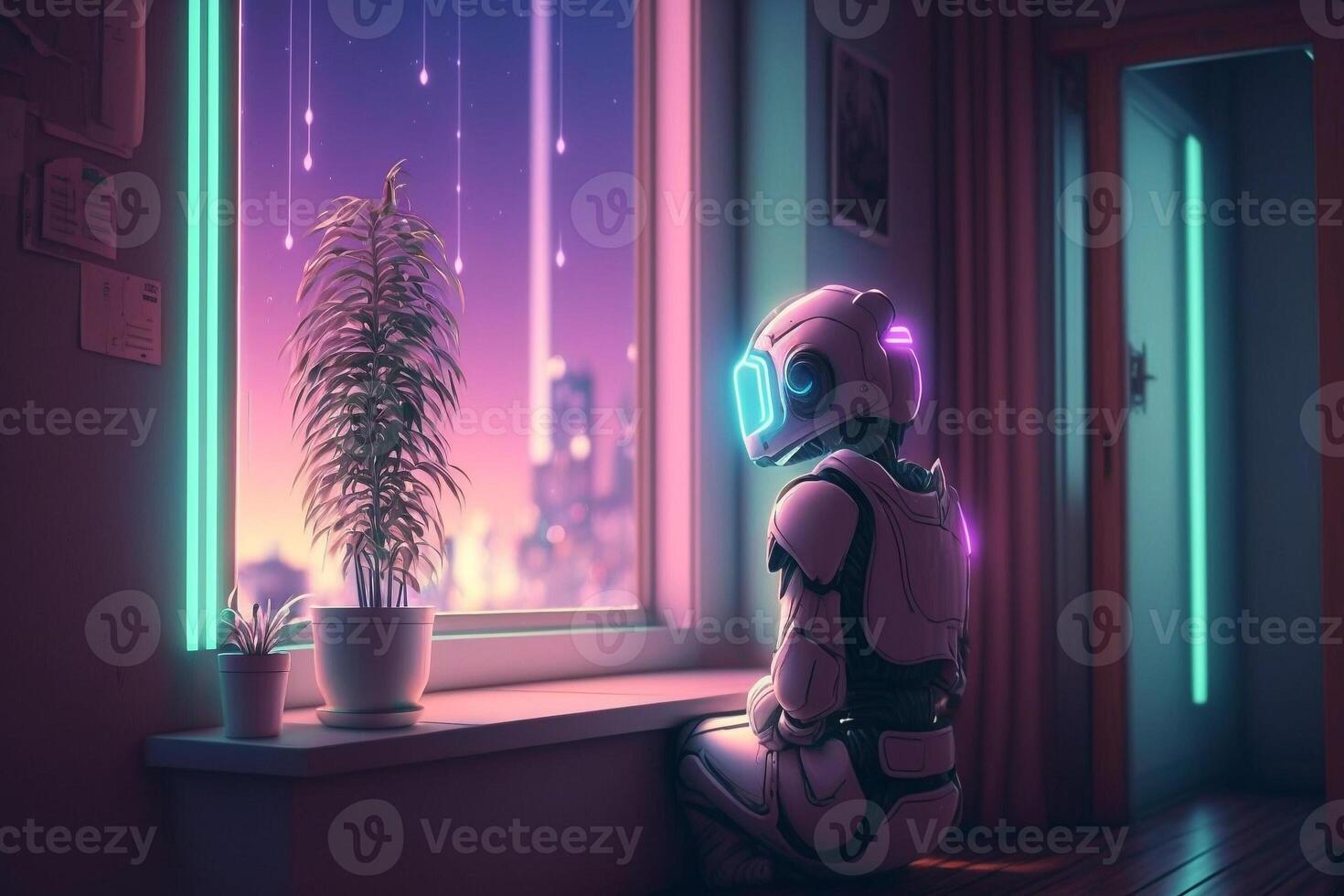 sad robot looks out the window, robotic recognizes emotions illustration photo
