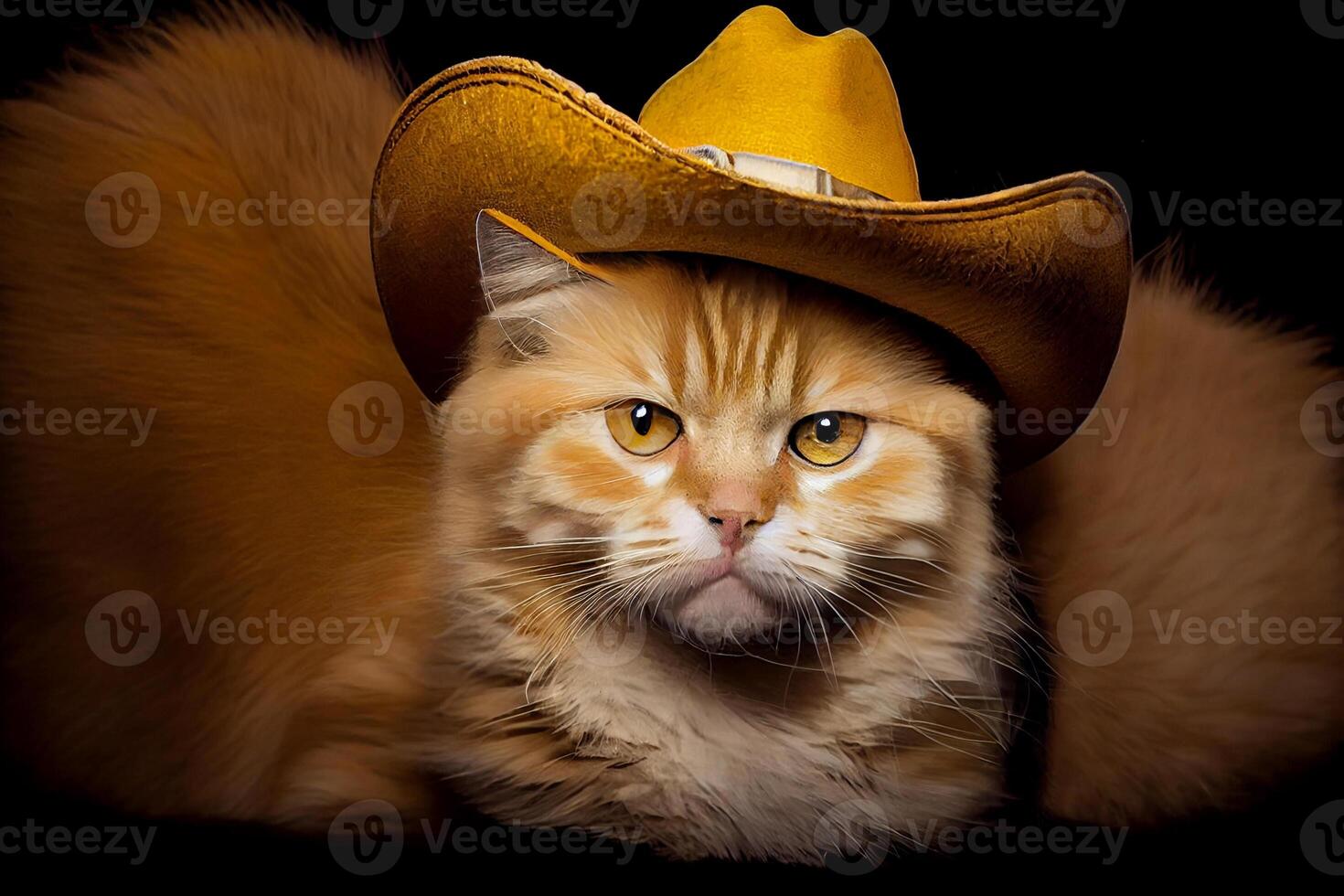 rojo gato en un amarillo vaquero sombrero, gracioso gato ilustración generativo ai foto