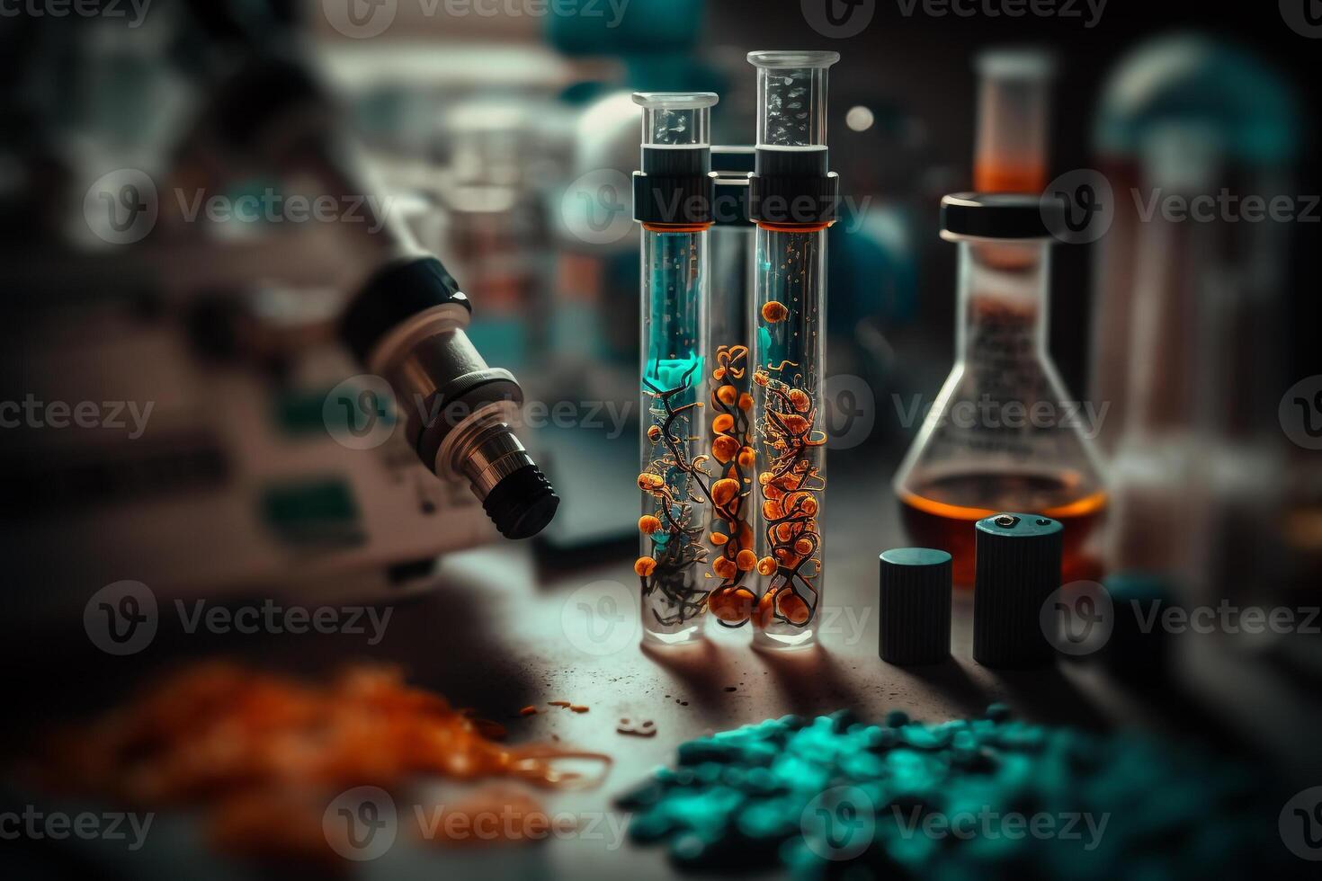 microscope and test tubes on table, Science research photo