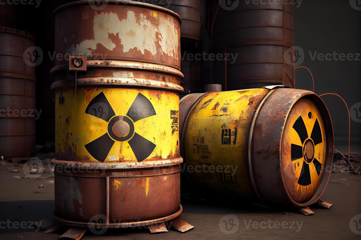 yellow barrels with toxic radioactive waste, illustration photo