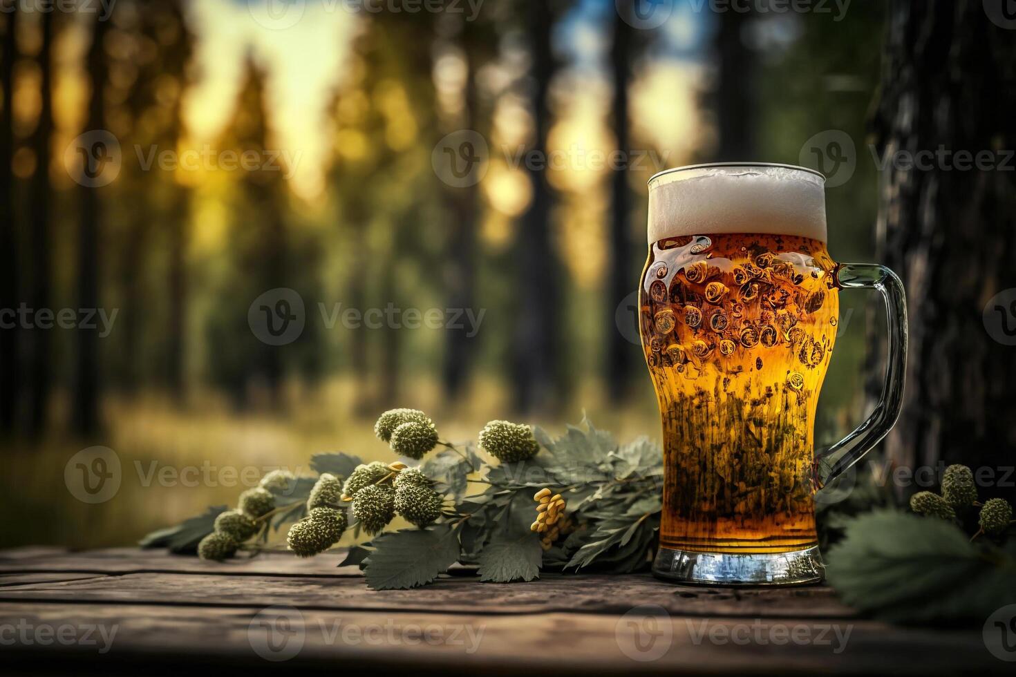 a glass beer glass on a wooden table in the blurred forest background photo