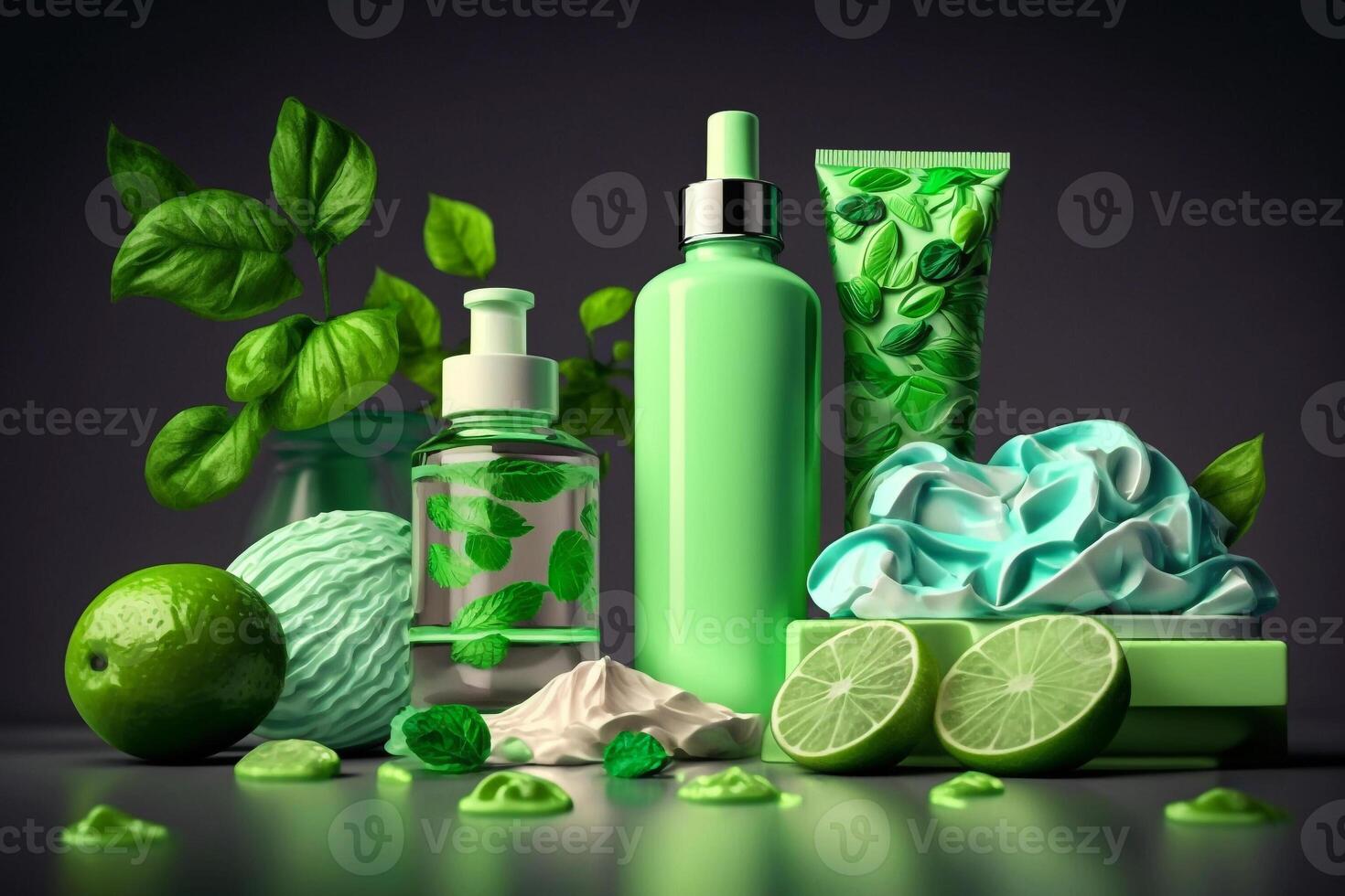 cosmetic bottle with green lime and mint leaf illustration photo