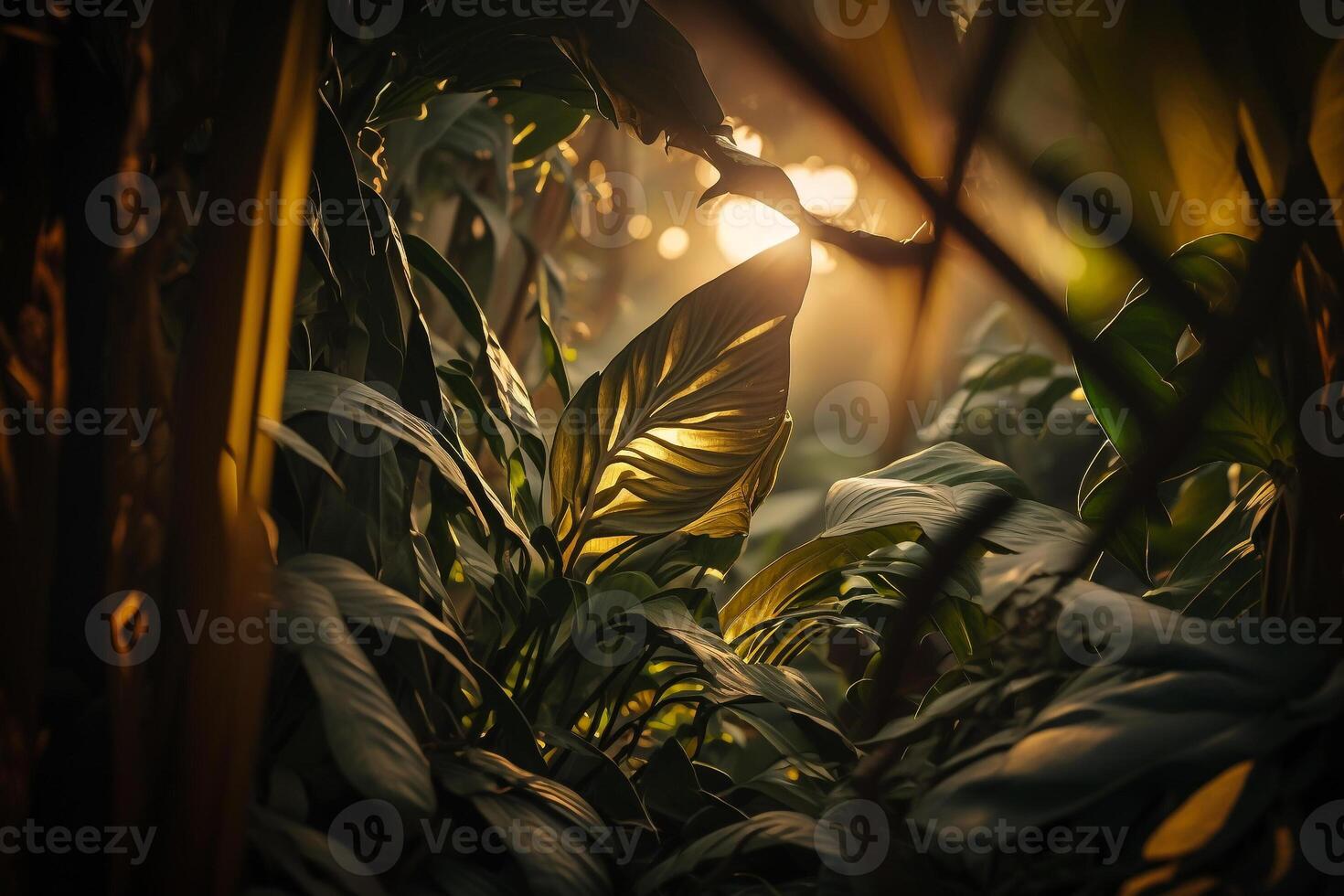 the morning sun breaks through the jungle leaves nature background illustration photo