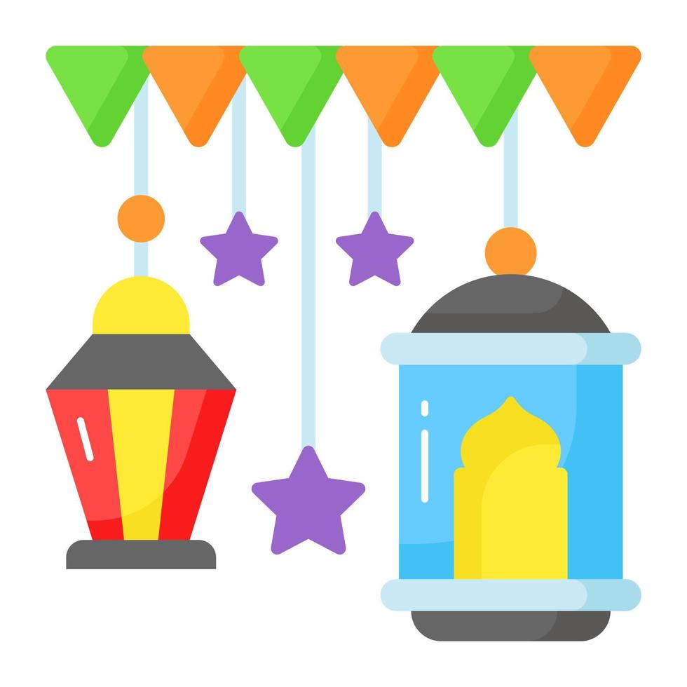 Vintage lantern and stars with garlands showing concept vector of ramadan decoration