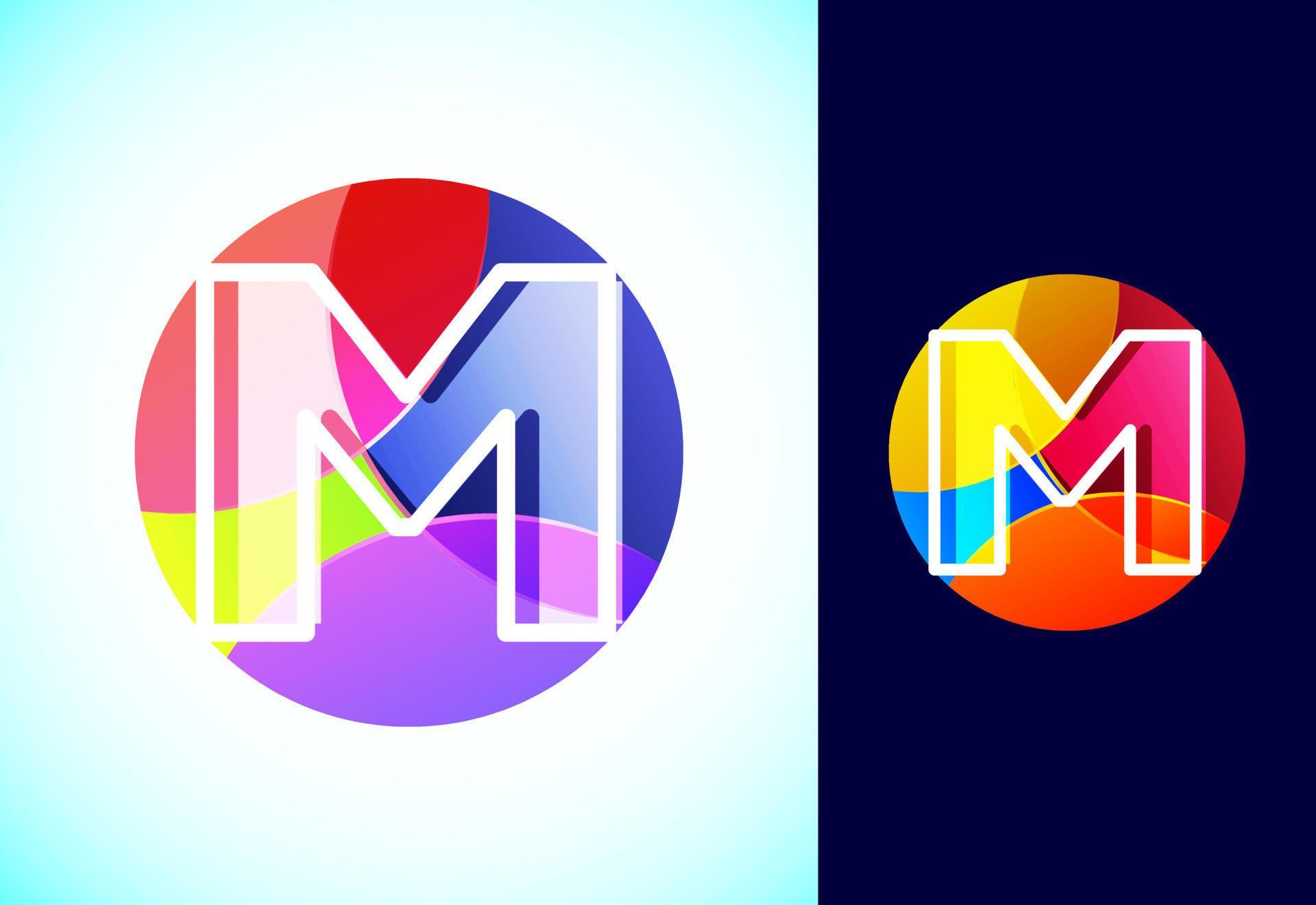 Line letter M on a colorful circle. Graphic alphabet symbol for