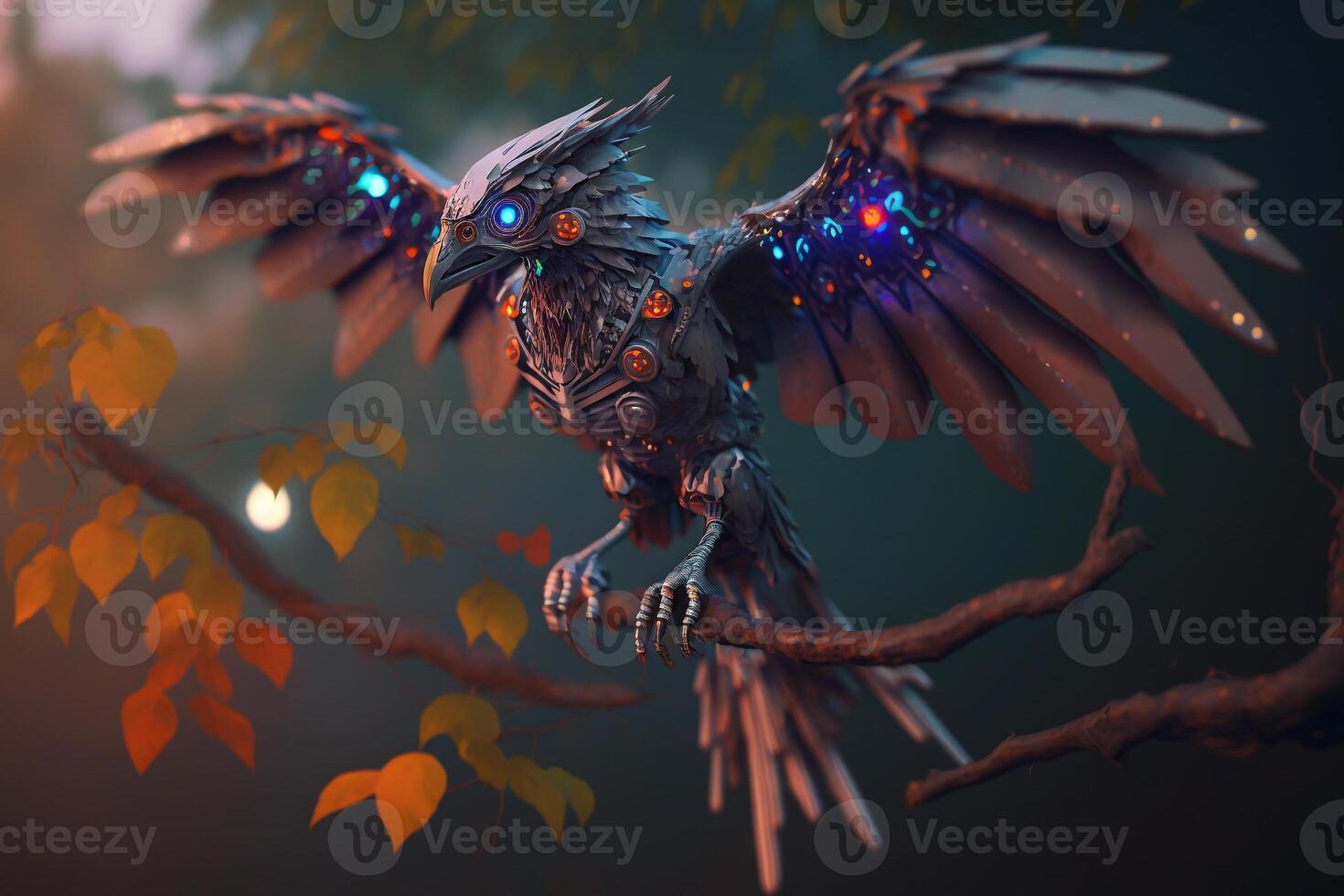 robotic bird spread its wings on a branch photo