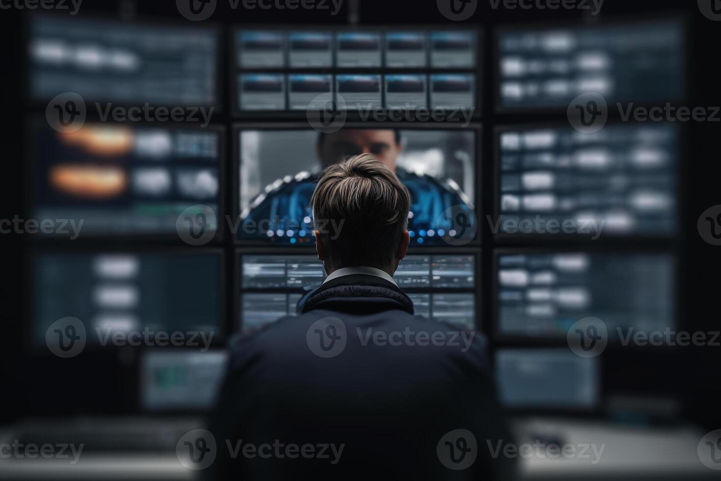 man video maker editor works behind many monitors illustration photo