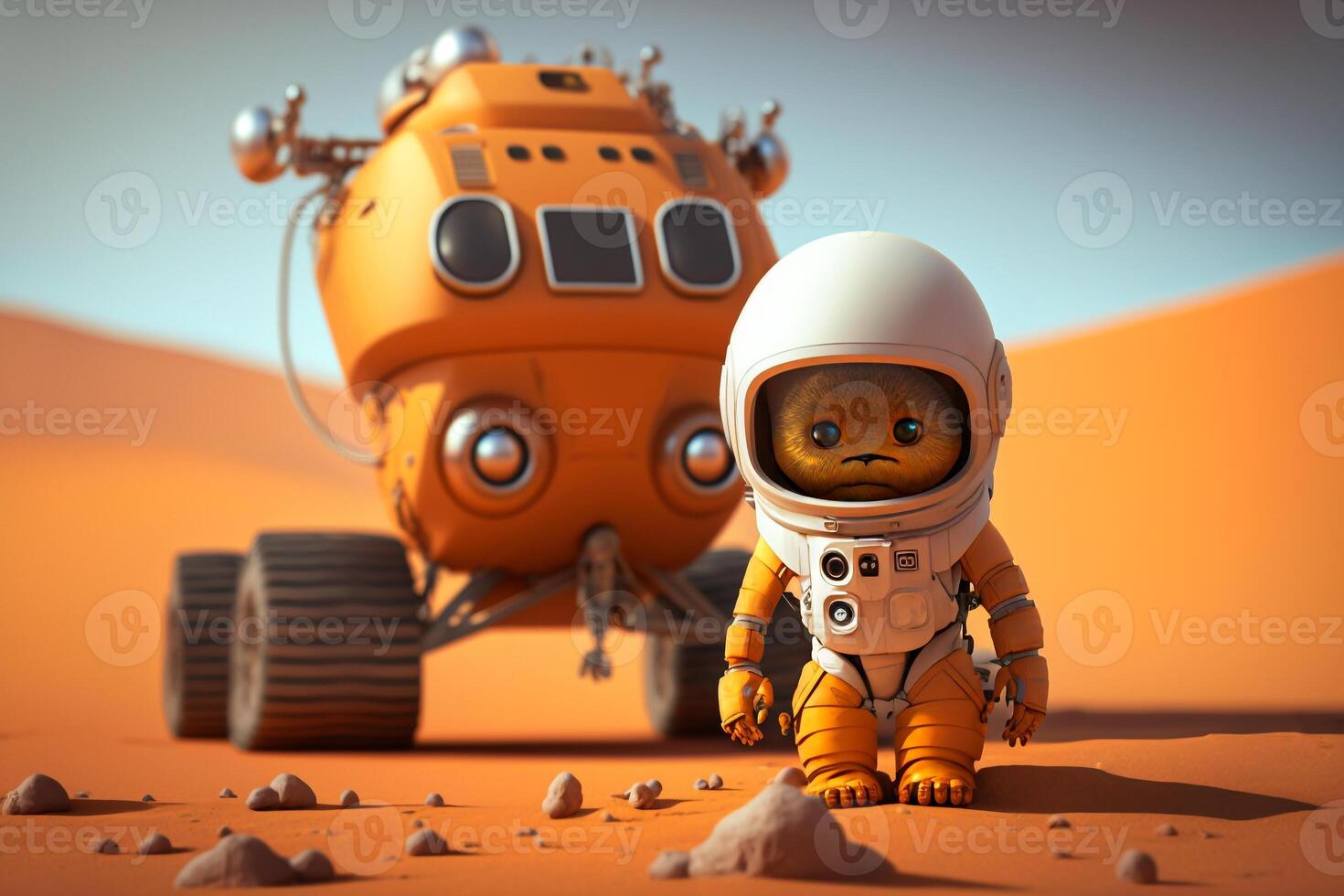 martian robot and mars rover on red planet illustration photo