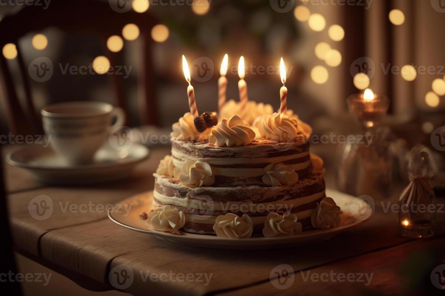 birthday cake with burning candles illustration photo