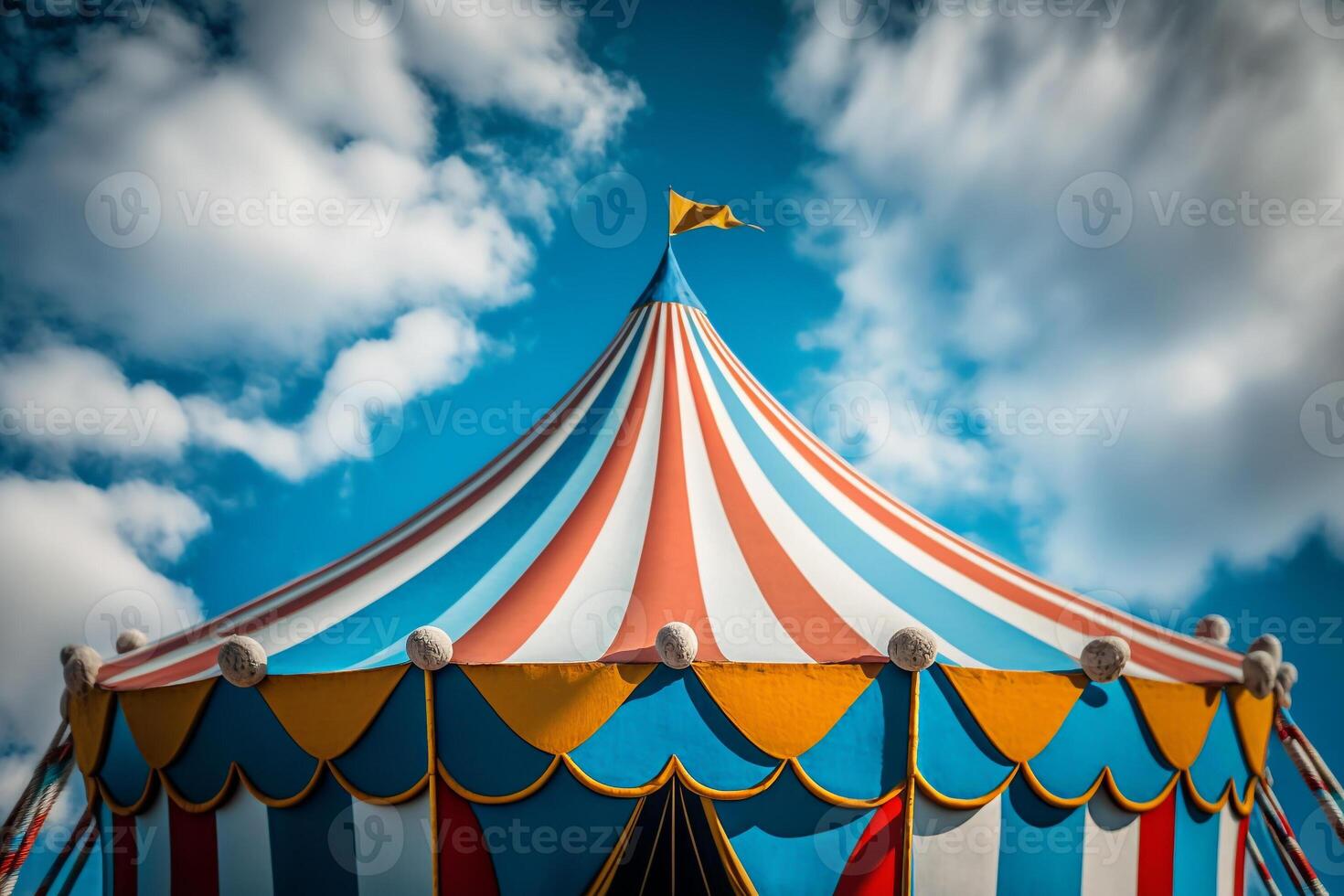 vistoso circo a rayas tienda en contra el antecedentes de el verano cielo generativo ai foto