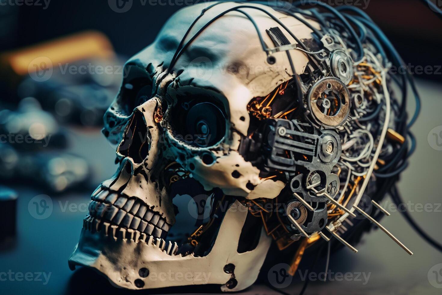 human skull with mechanical mechanism illustration photo