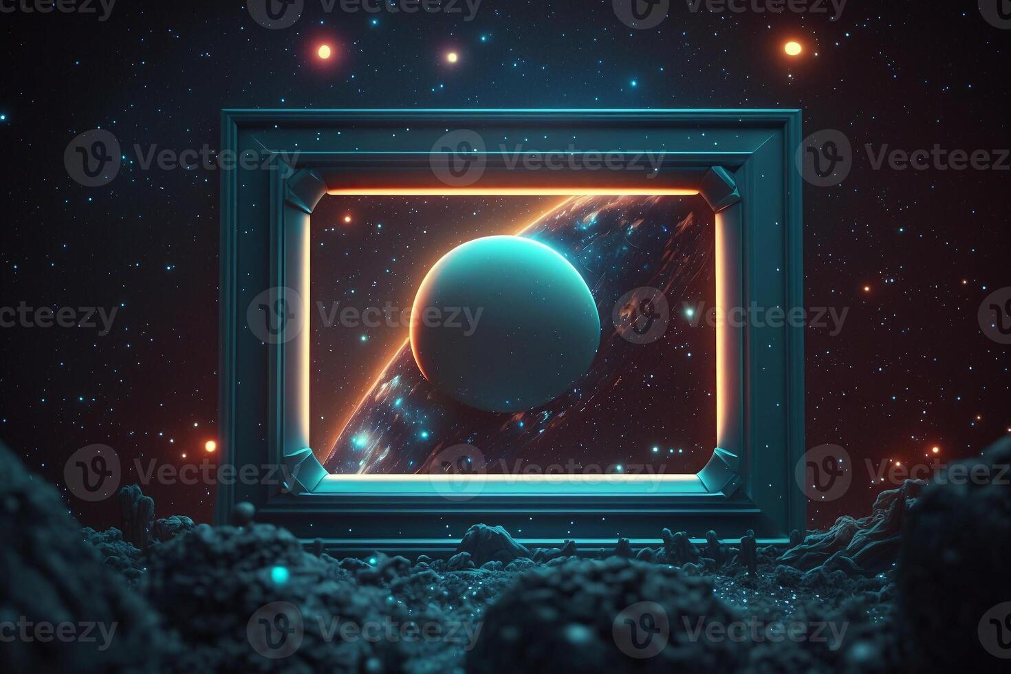 empty horizontal sci-fi frame on background space galaxy photo