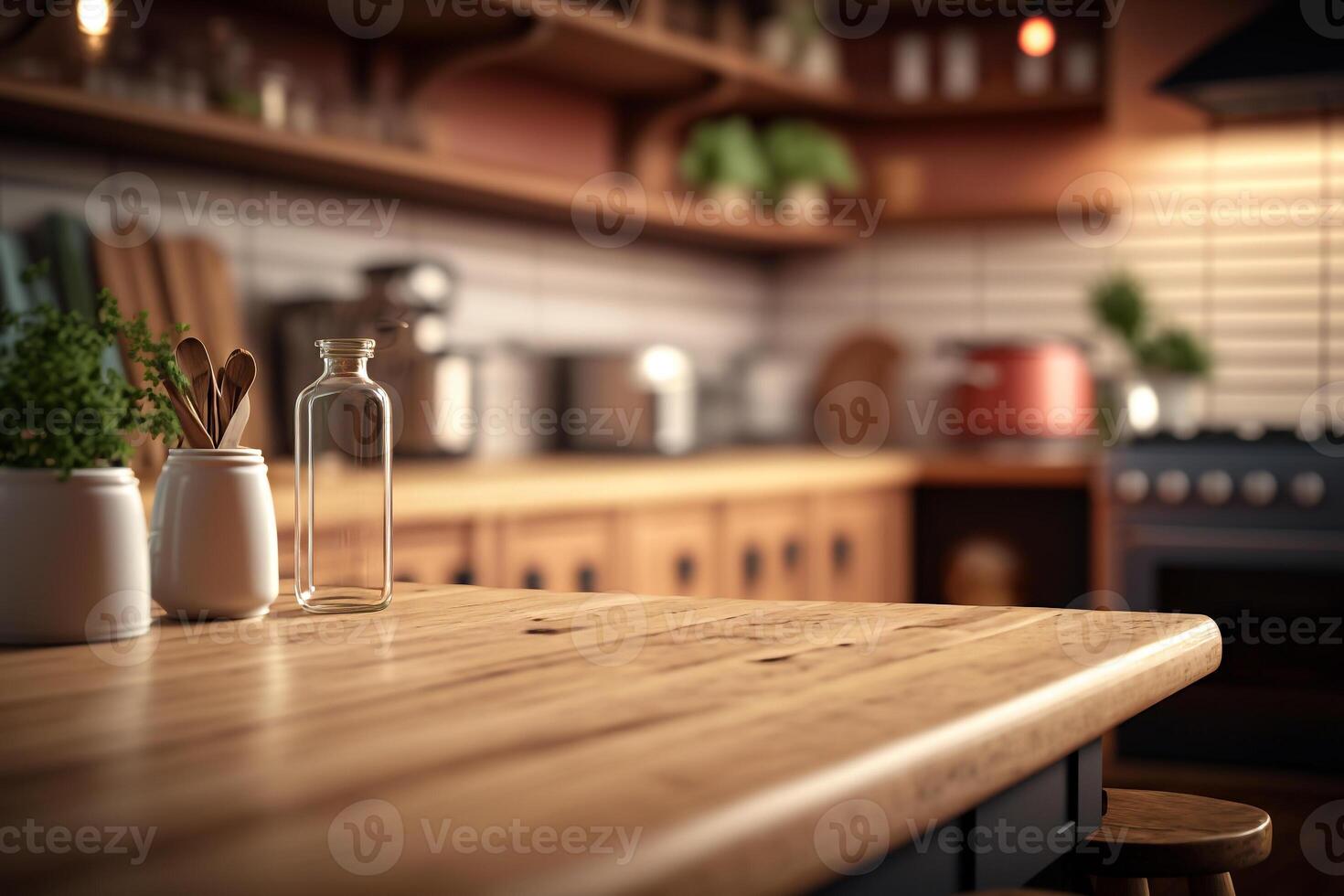 empty wooden table on kitchen photo