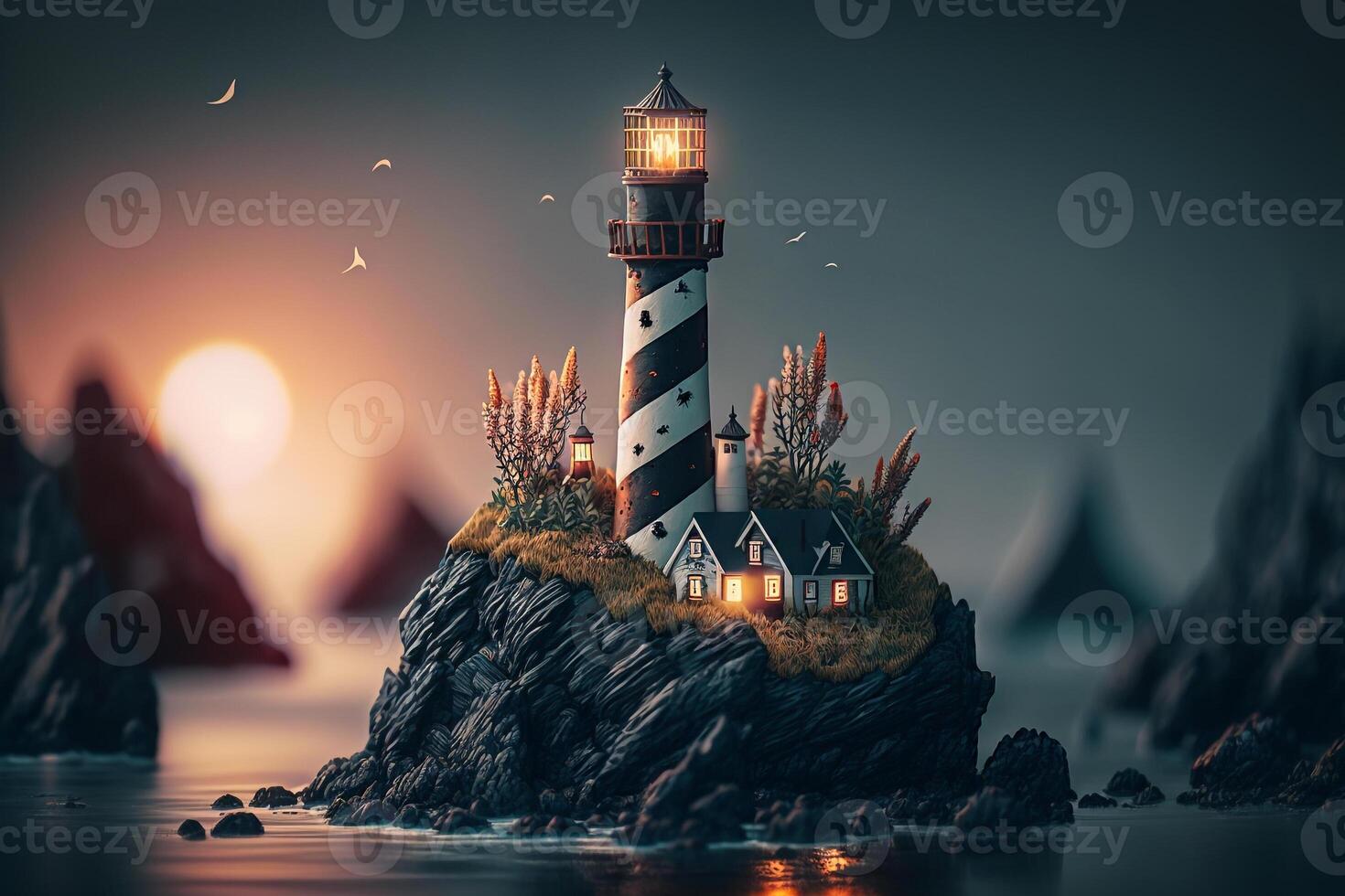 an island with a lighthouse in the sea to illuminate ships photo