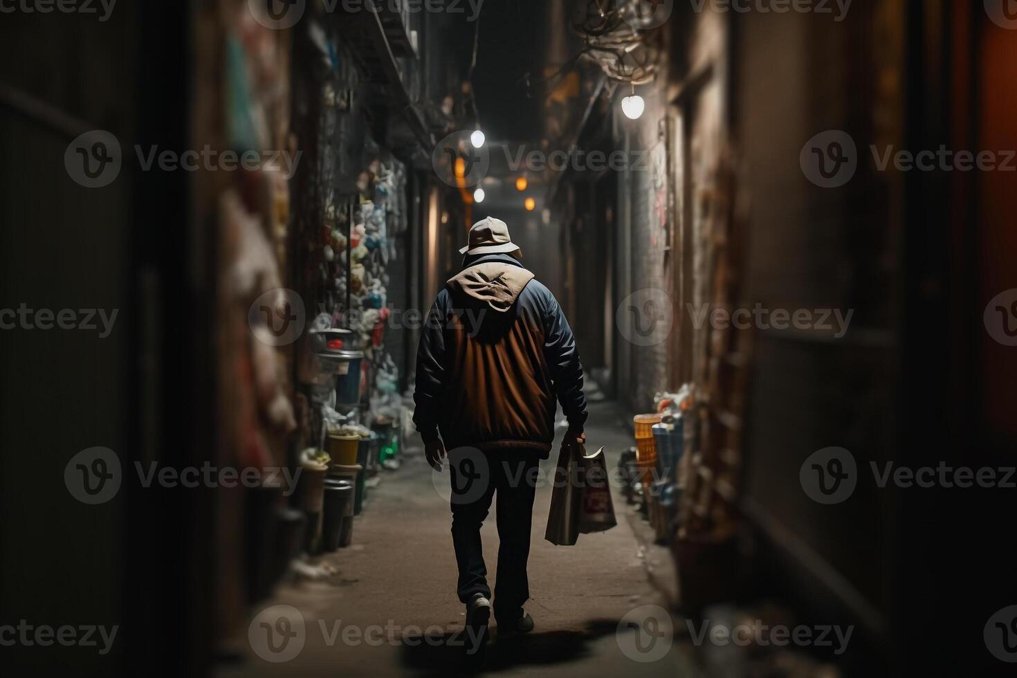a drunk man walks through a dark night alley photo