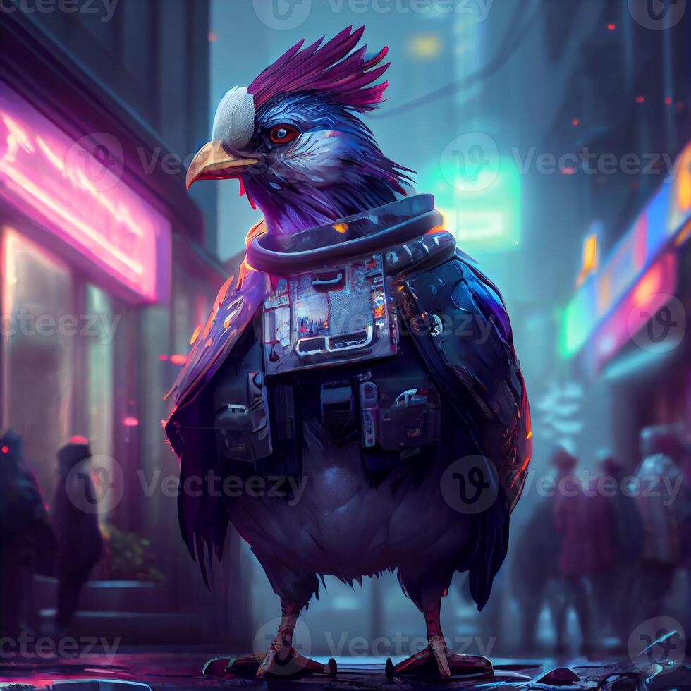 cyber chicken in futuristic cyber city illustration photo