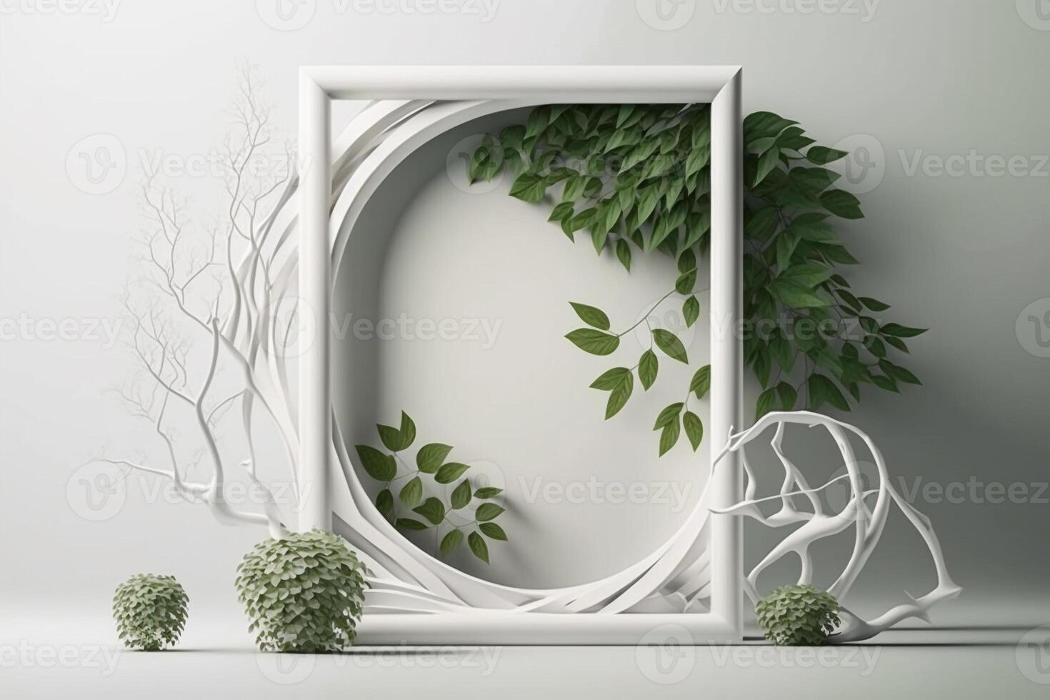 empty vertical frame mockup with green leaves on white wall background photo