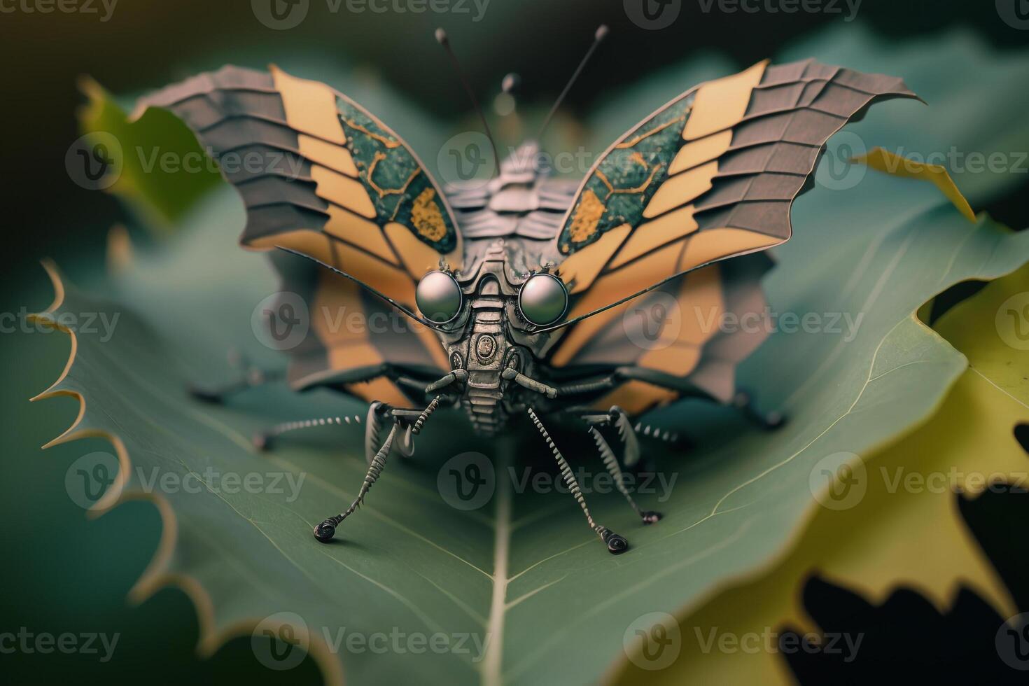 robotic butterfly sitting on green leaf illustration photo