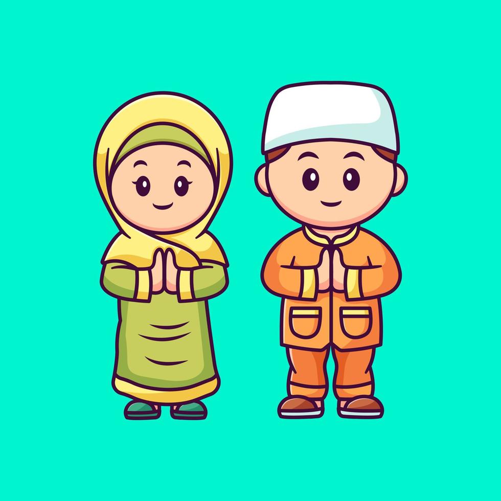 Free vector cute girl and boy moslem celebrating eid mubarak cartoon vector icon illustration people-religion-icon concept isolated vector flat cartoon style