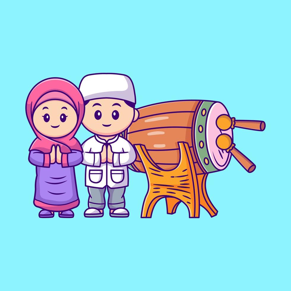 Cute girl and boy moslem celebrating eid mubarak with bedug drum cartoon vector icon illustration