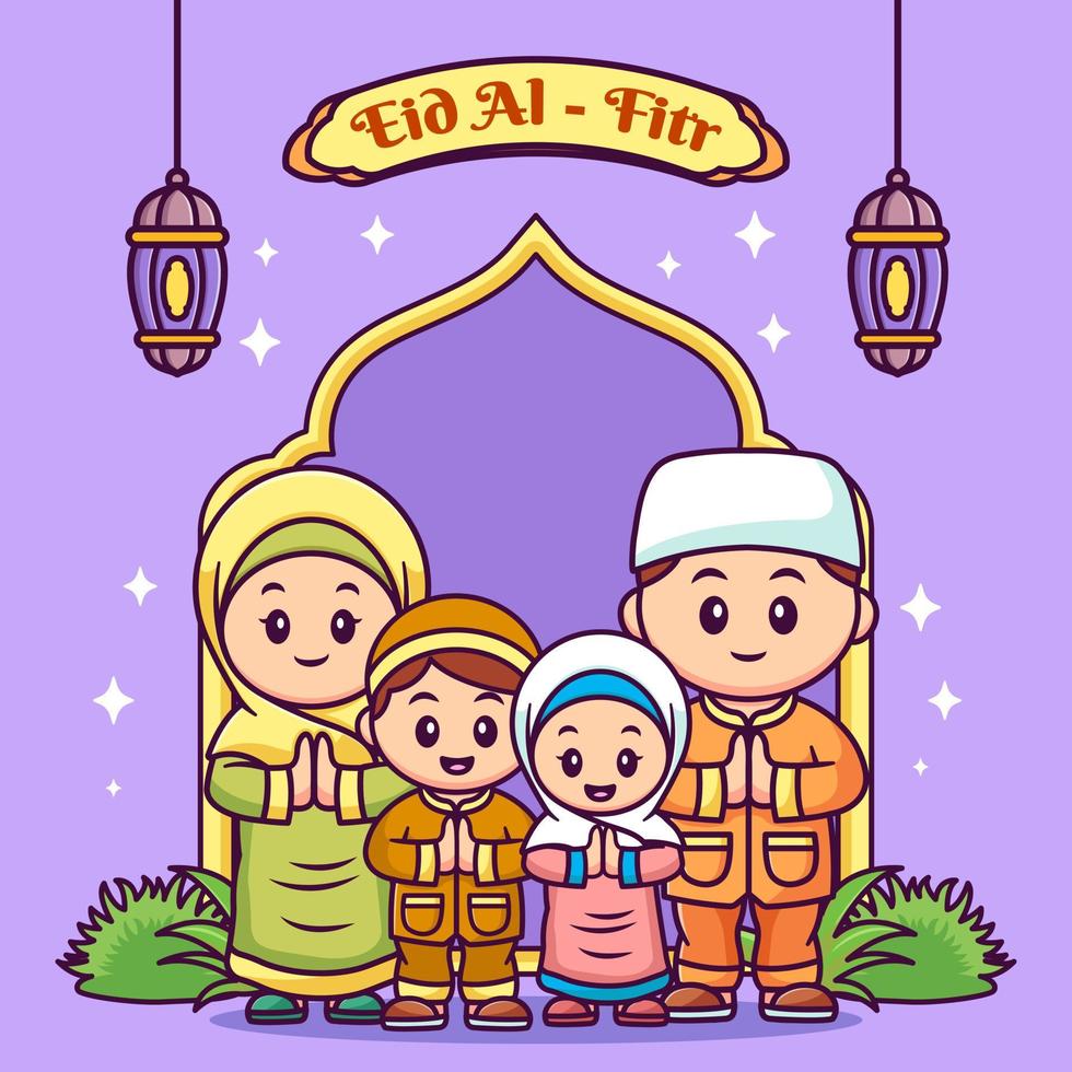 Cute family moslem Celebrating Eid Al Fitr cartoon illustration vector