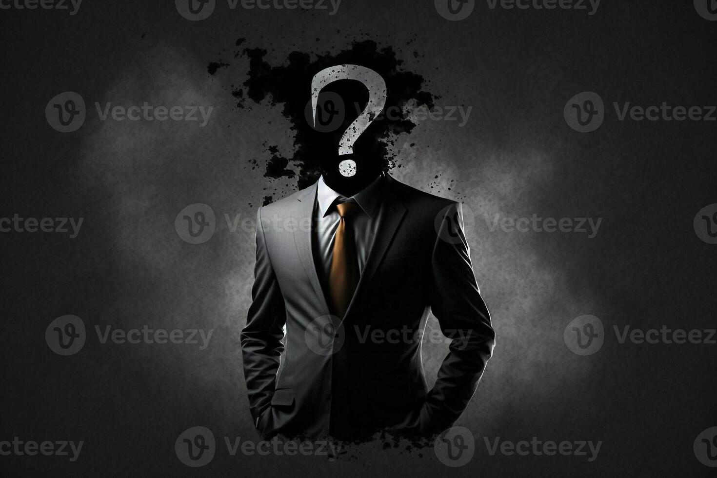 un hombre en un negro traje con un pregunta marca en lugar de un cabeza, empresario buscar responder generativo ai foto