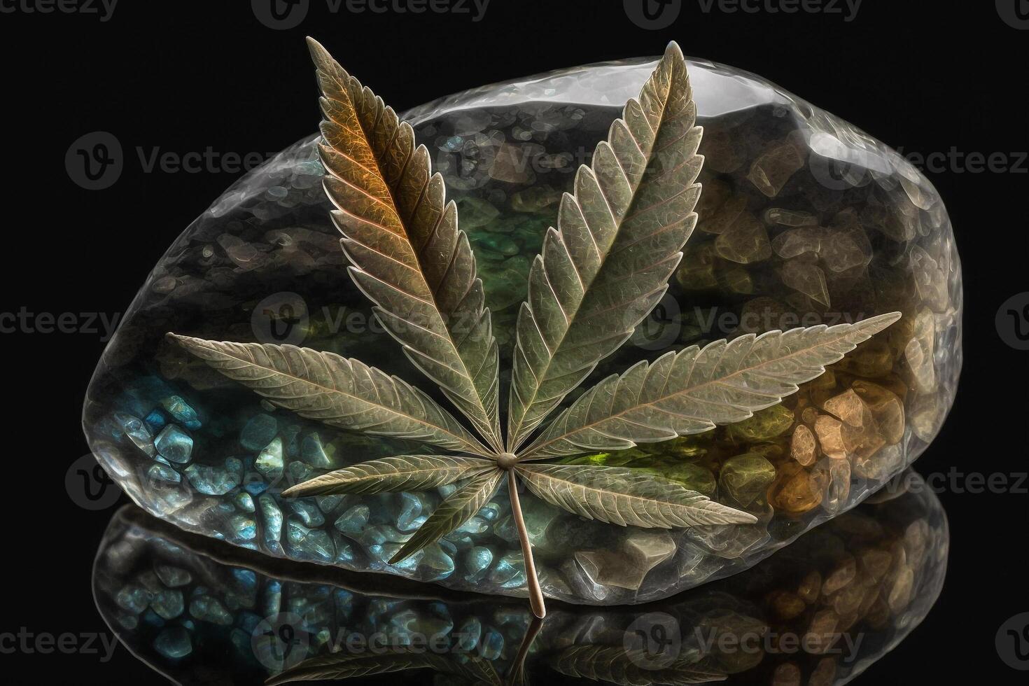 green cannabis leaf on glass stone illustration photo