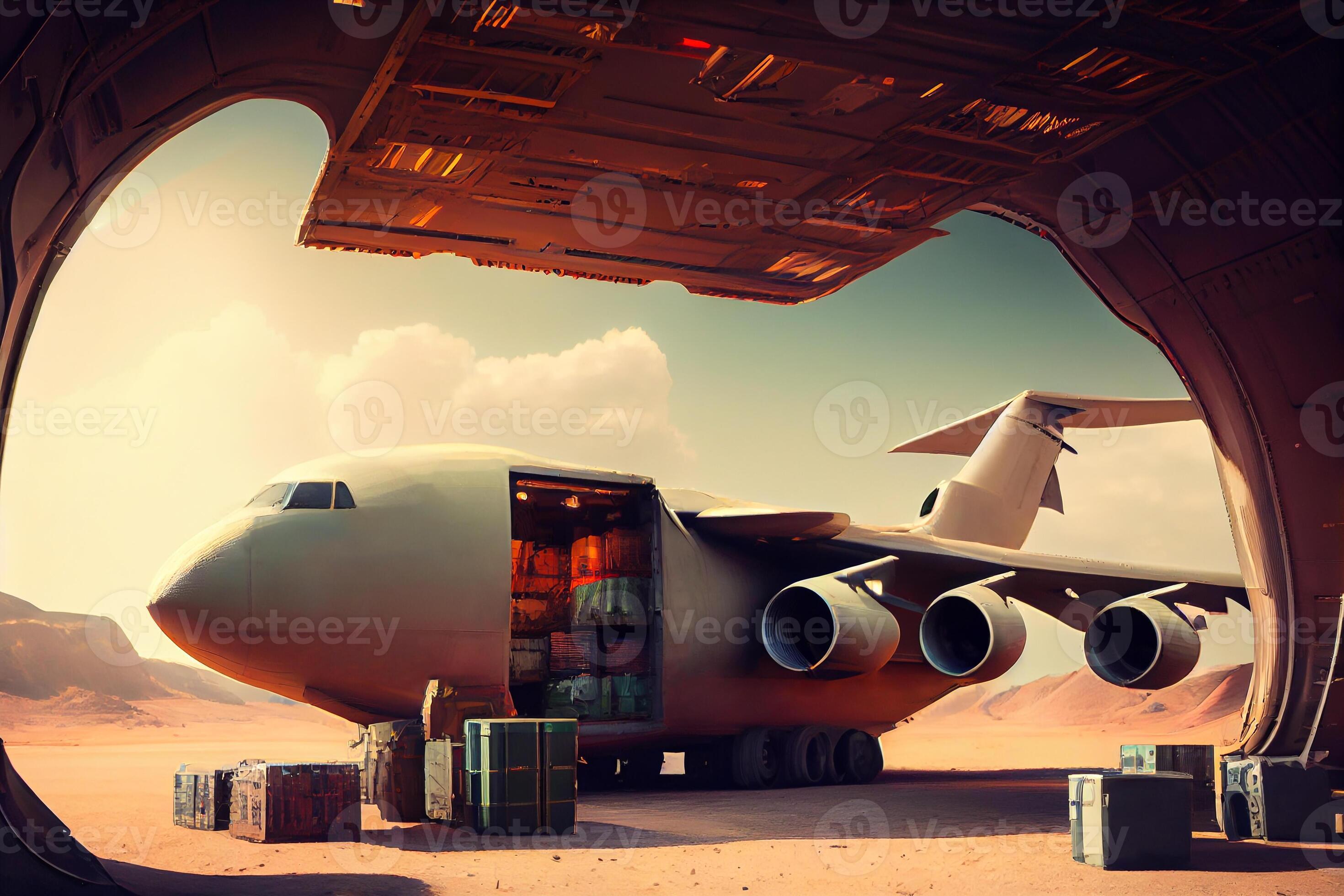 airplane cargo transportation by plane, unloading containers of boxes
