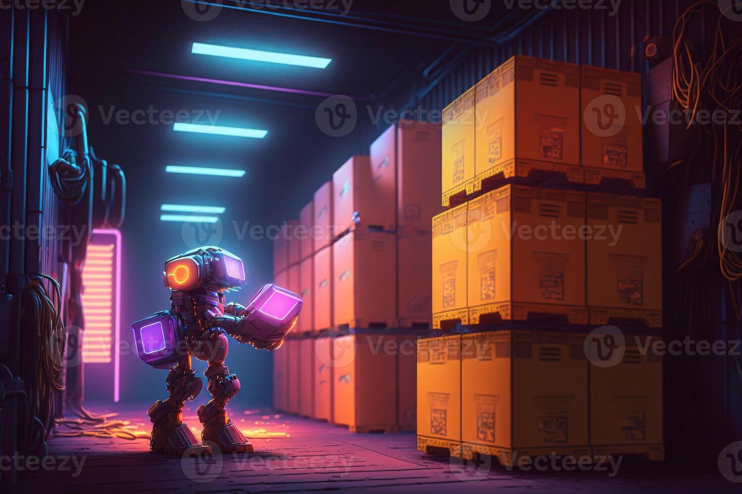 robot in warehouse with boxes and containers looking for a parcel illustration photo