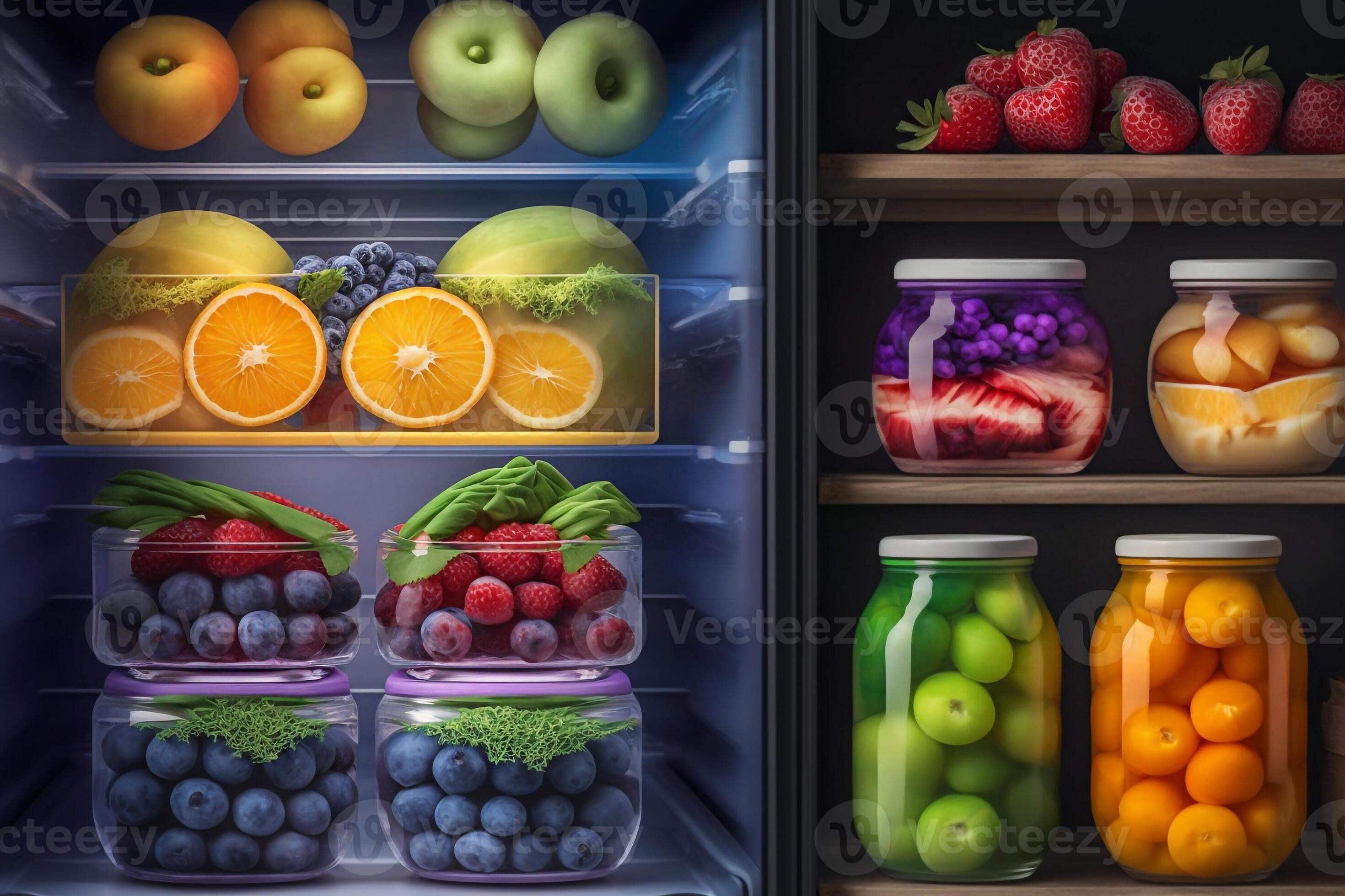 storage of fruits, berry and jams in the refrigerator Generative AI