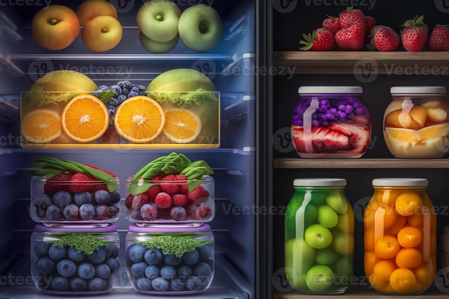 almacenamiento de frutas, baya y Enjambres en el refrigerador generativo ai foto